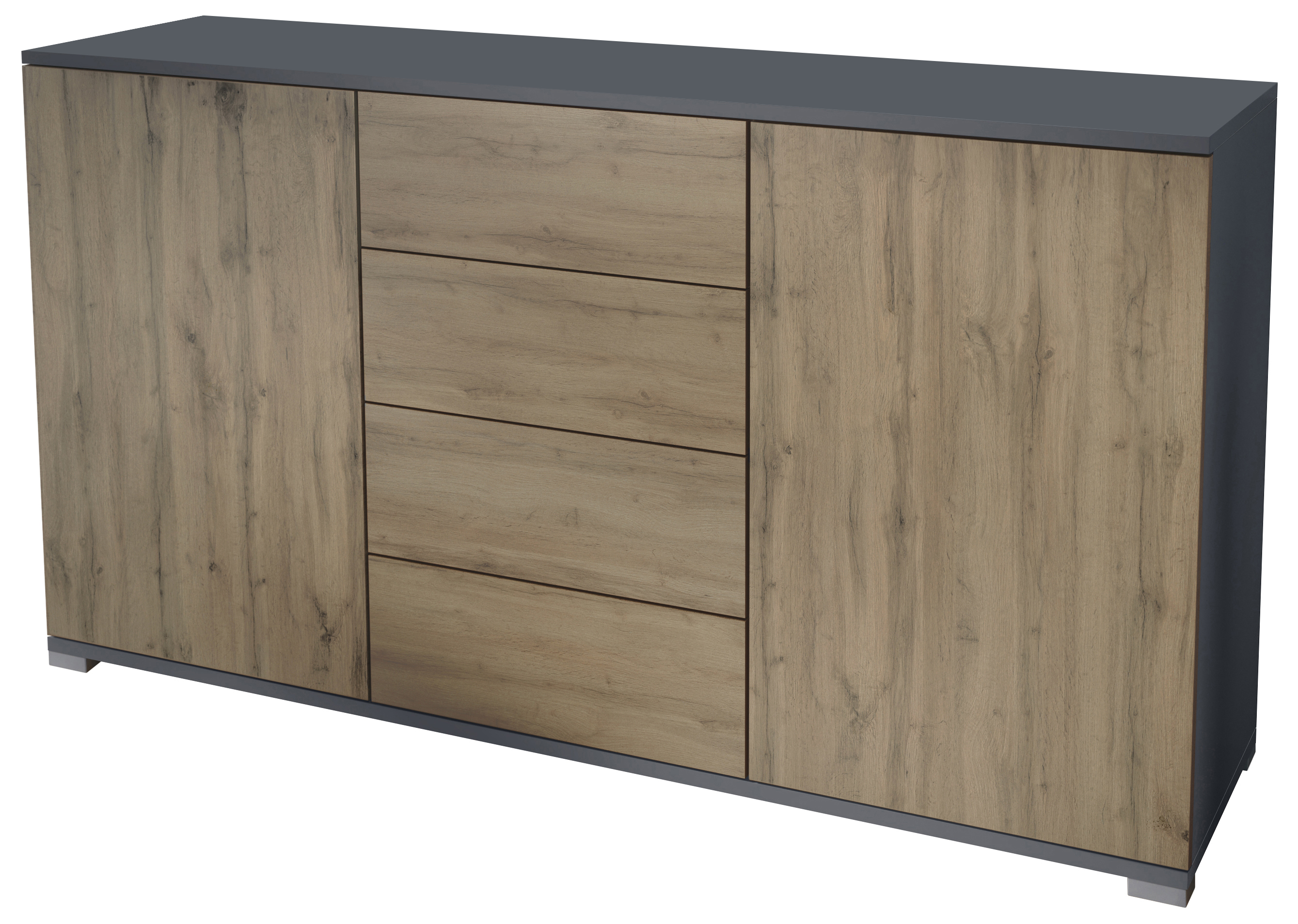 Santo V1 Sideboard Anthrazit mit 2 Türen und 4 Schubladen Anthrazit matt/Eiche Evoke (138,5 x 75,5 x 35 cm)