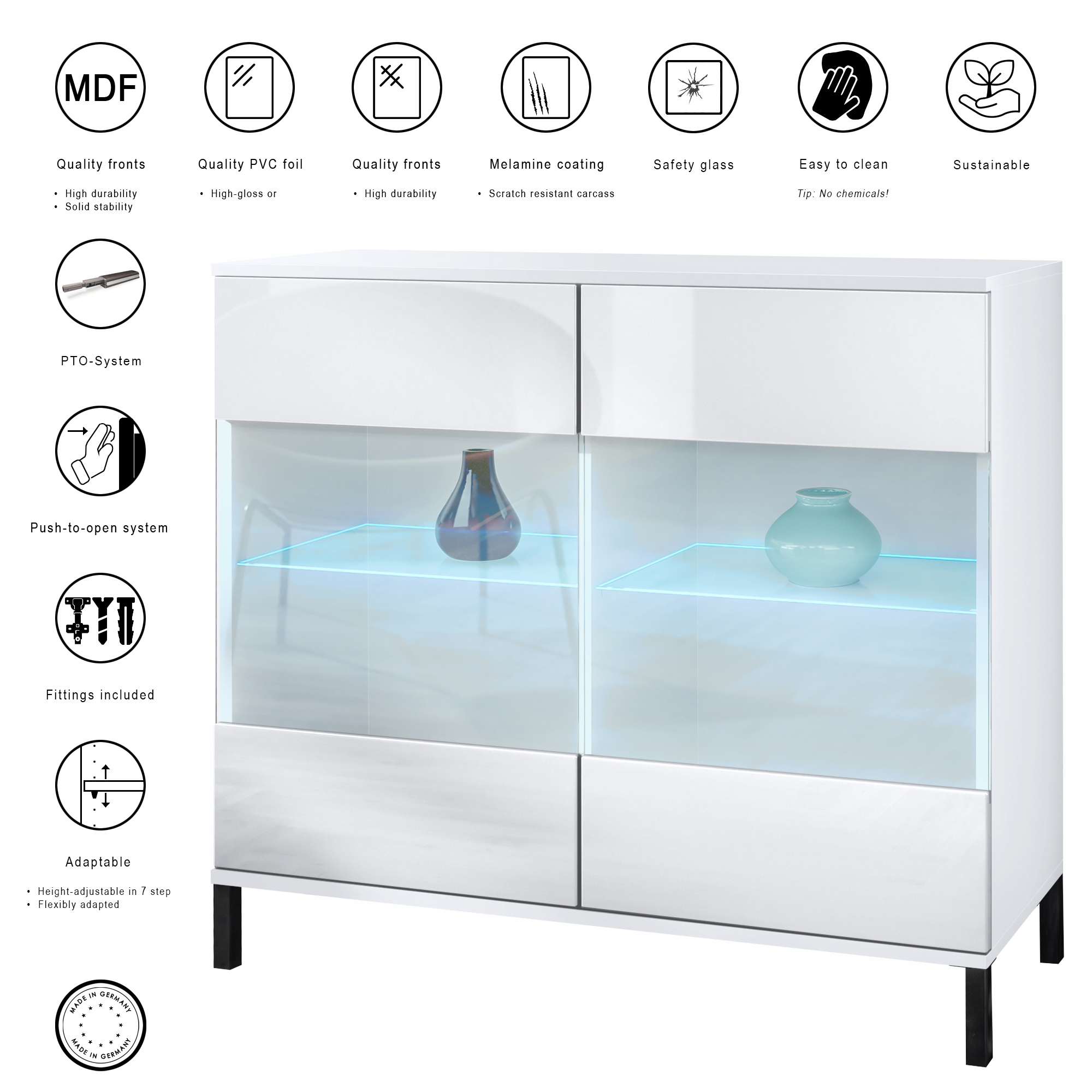 Bari V3 Kommode Weiß + LED mit 2 großen Glastüren inkl. RGB Beleuchtung Weiß matt / Grau Hochglanz (92,5 x 83.5 x 35)