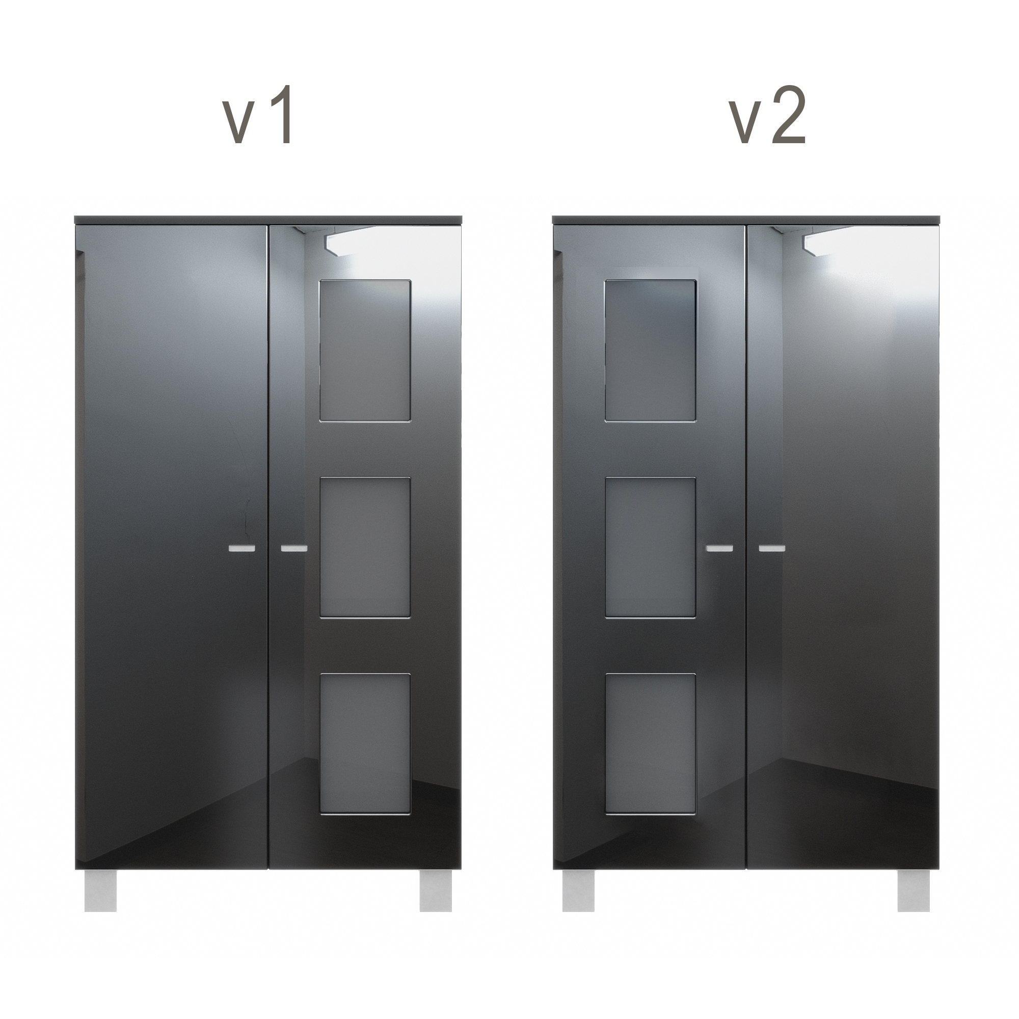 Vitrine Denjo  mit 2 Türen und 3 Glaseinsätzen Schwarz matt/ Schwarz Hochglanz/ Beton Oxid-Optik (71 x 129 x 35 cm)