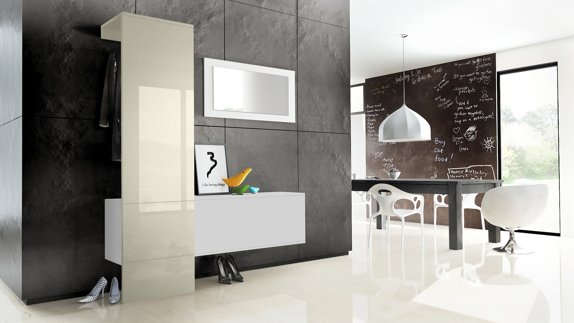 Garderobe Carlton Set 4 Weiß 3-tlg. 1 Paneel, 1 Schrankmodul und 1 Wandspiegel Weiß matt/Creme Hochglanz (156 x 193 x 35 cm)
