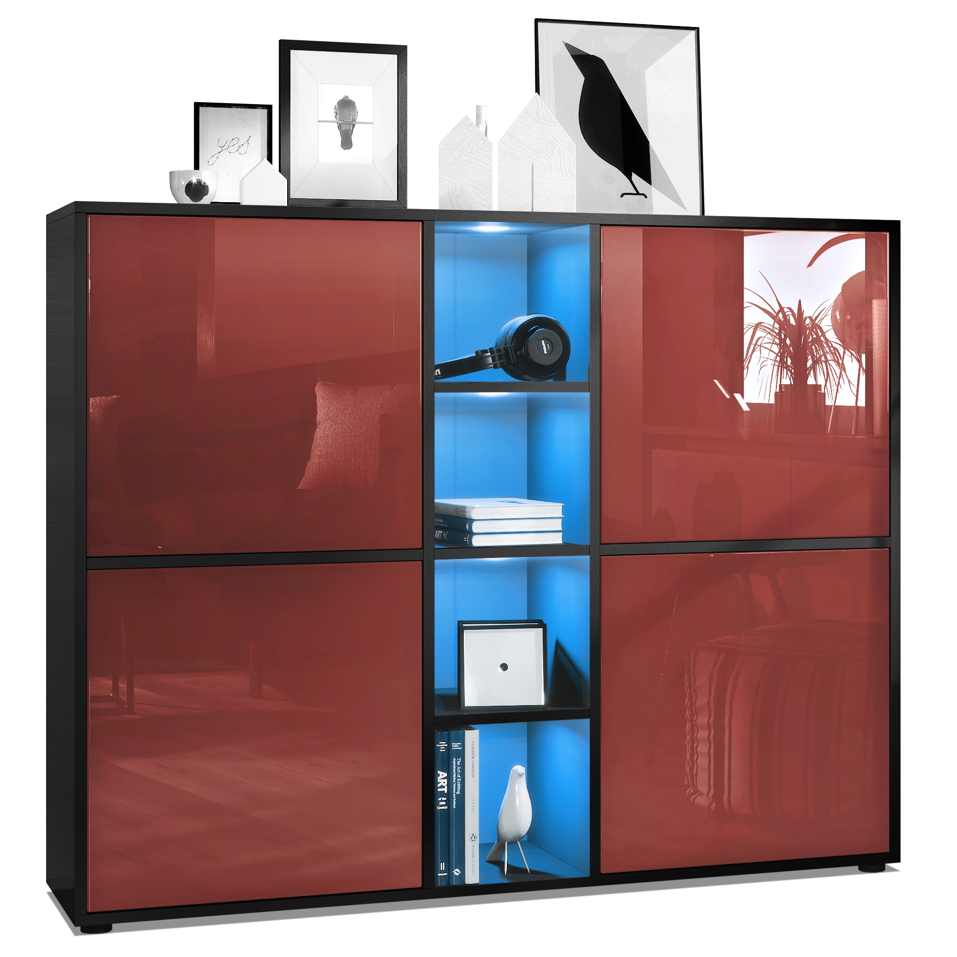 Highboard Cuba V3   mit 12 Fächern, inkl. RGB LED Beleuchtung in Schwarz matt / Fronten in Bordeaux Hochglanz (130,5x105,5x35,5 cm)