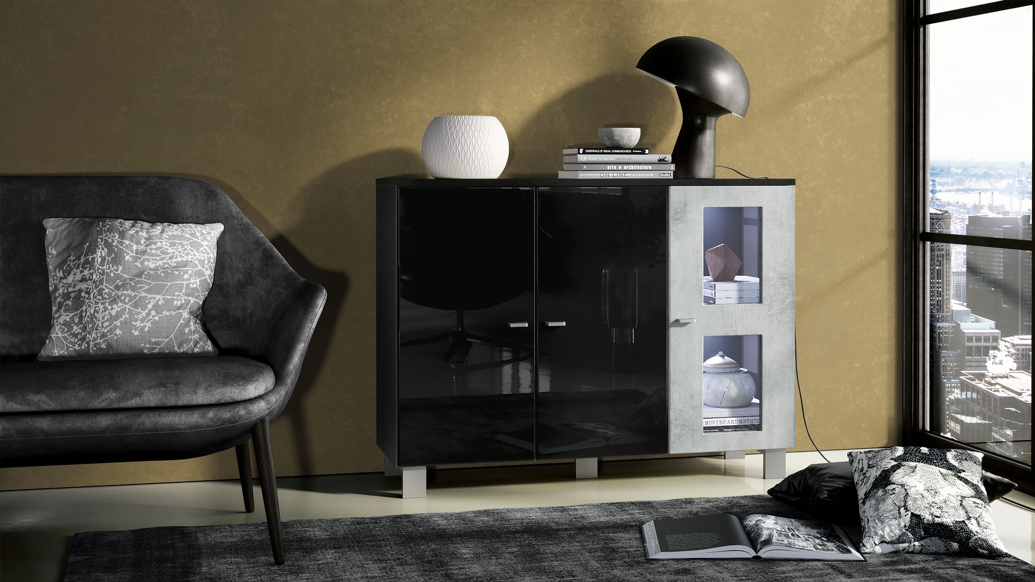 Sideboard Denjo  mit 3 Türen Schwarz matt&glänzend/Beton Oxid Optik mit Beleuchtung (107x81x35 cm)