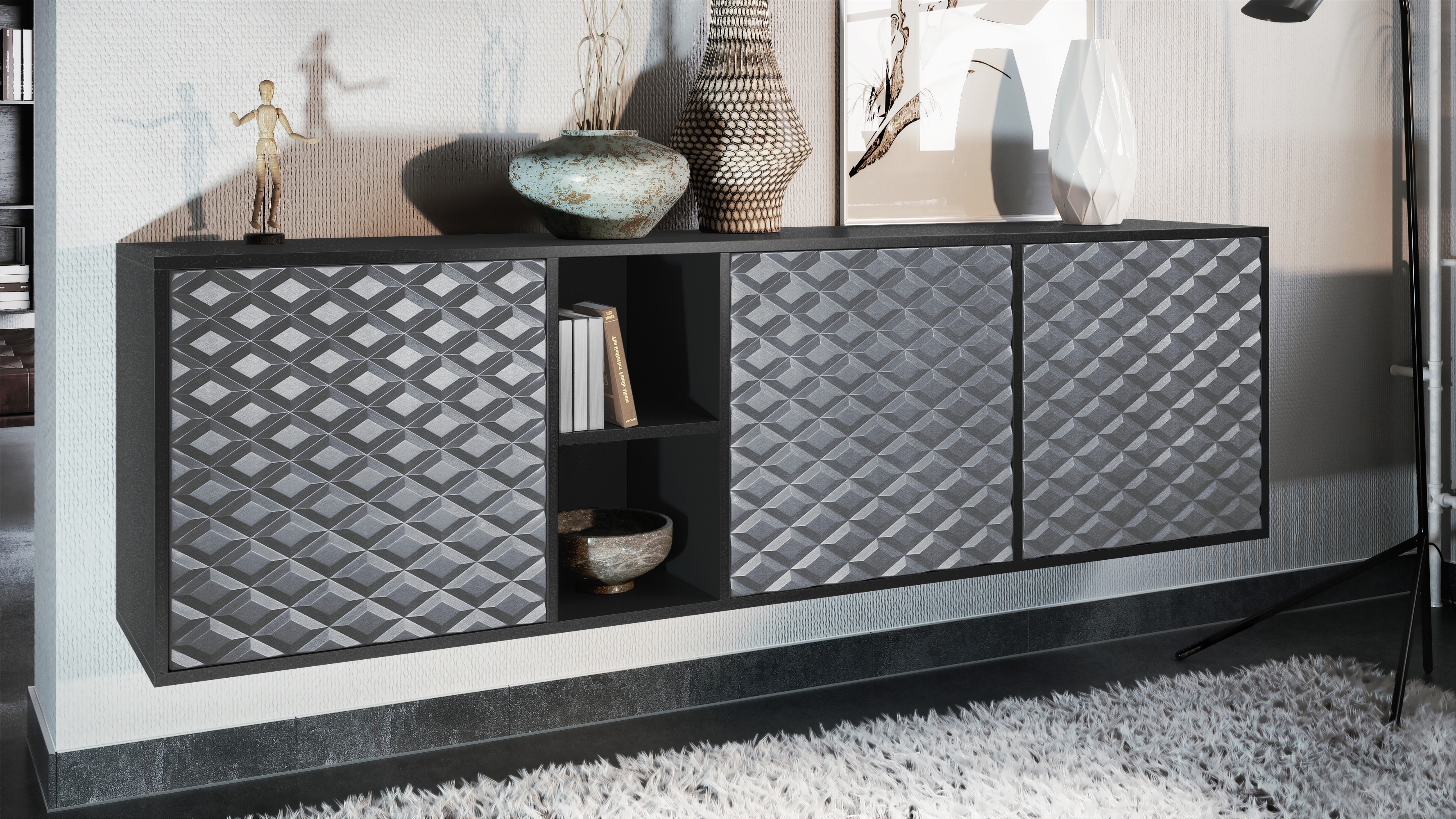 Sideboard Cuba  mit 3 Türen und 2 offene Fächer Schwarz matt/3D Stahlgrau (182 x 53 x 35 cm)