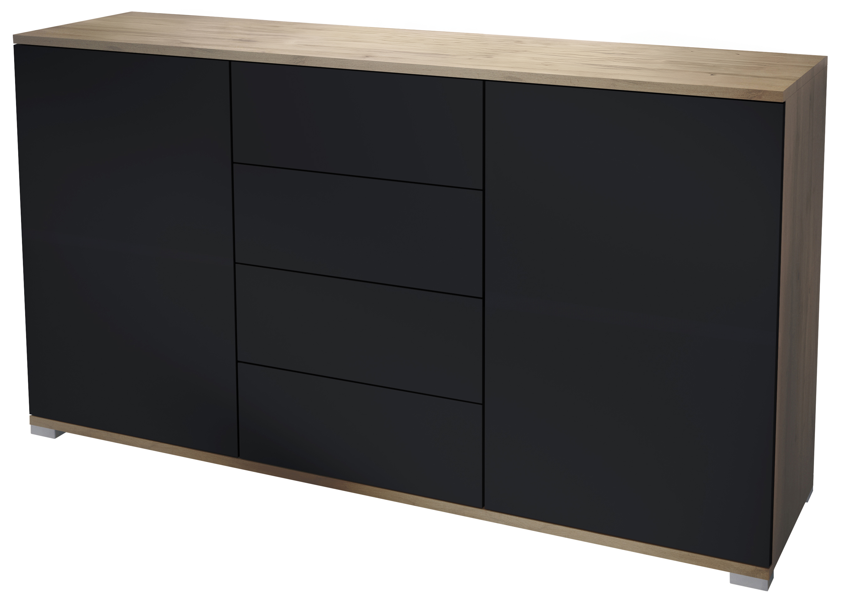 Santo V1 Sideboard Eiche Evoke mit 2 Türen und 4 Schubladen Eiche Evoke/Schwarz matt (138,5 x 75,5 x 35 cm)