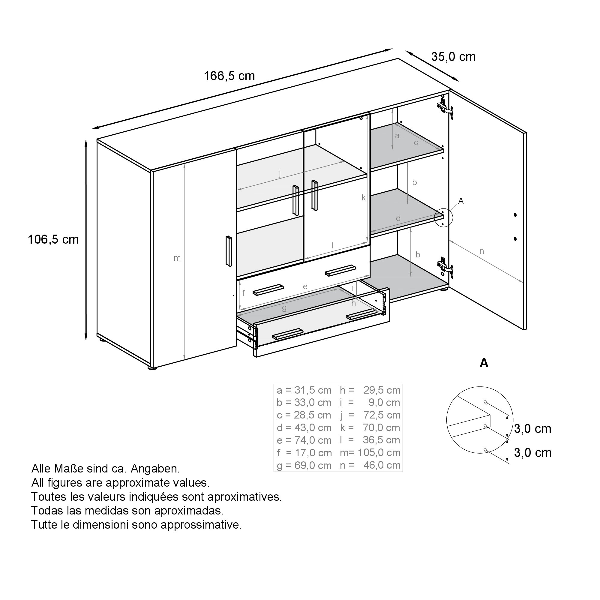 Highboard Nora  mit insgesamt 8 Fächer dahinter Anthrazit matt/Schwarz matt (166,5 x 106,5 x 35 cm)