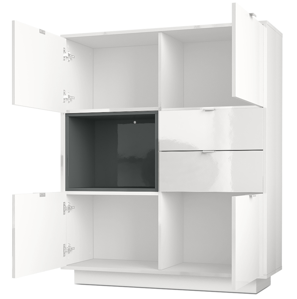 Highboard Metro  mit 4 Türen, 2 Schubladen und 1 offenem Fach Weiß Hochglanz/Beton Oxid Optik inkl. LED Beleuchtung (103x123x38 cm)