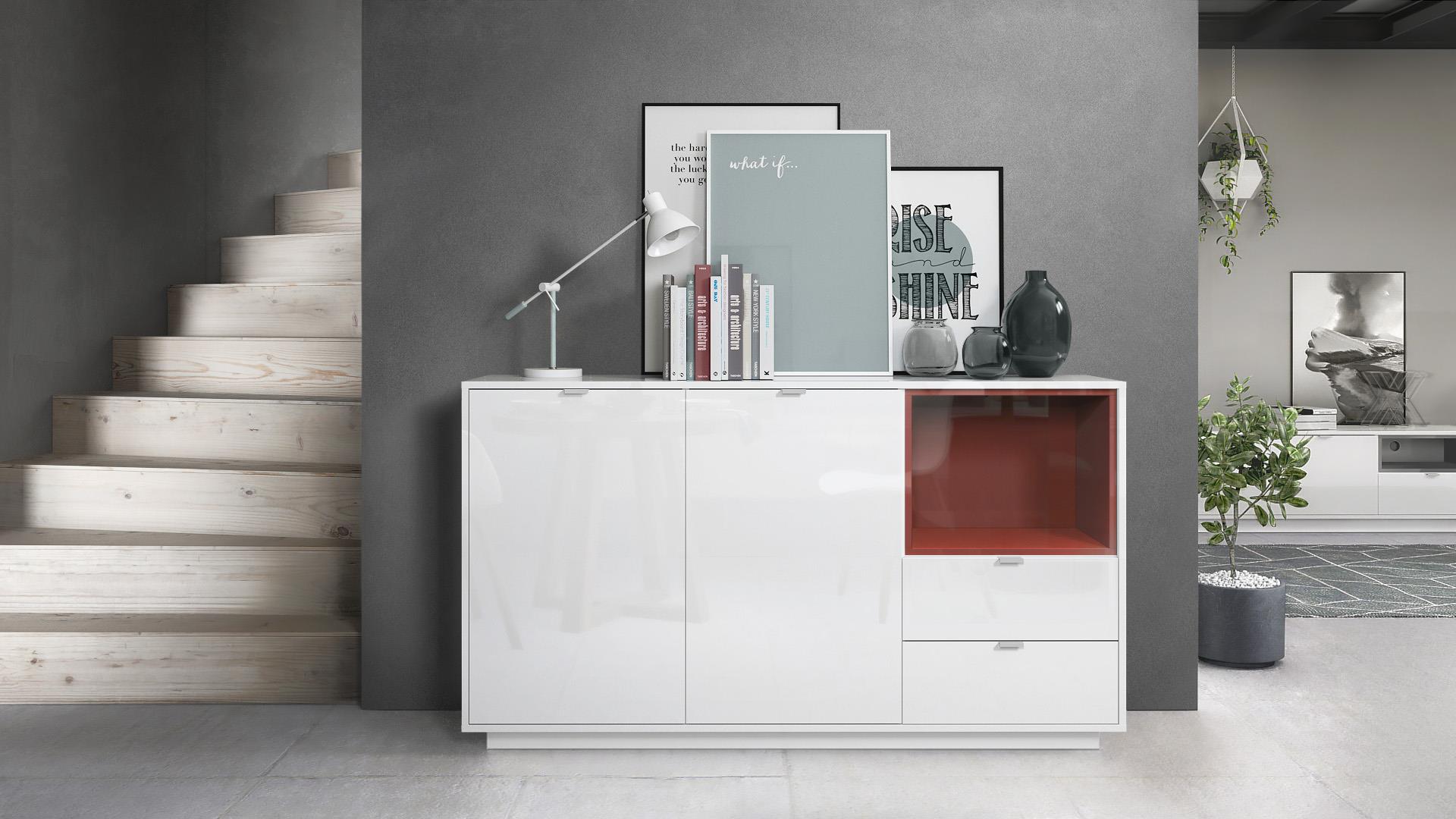 Sideboard  Metro  mit 2 Türen, 2 Schubladen und 1 offenem Fach Weiß Hochglanz/Bordeaux Hochglanz (153 x 88 x 38 cm)