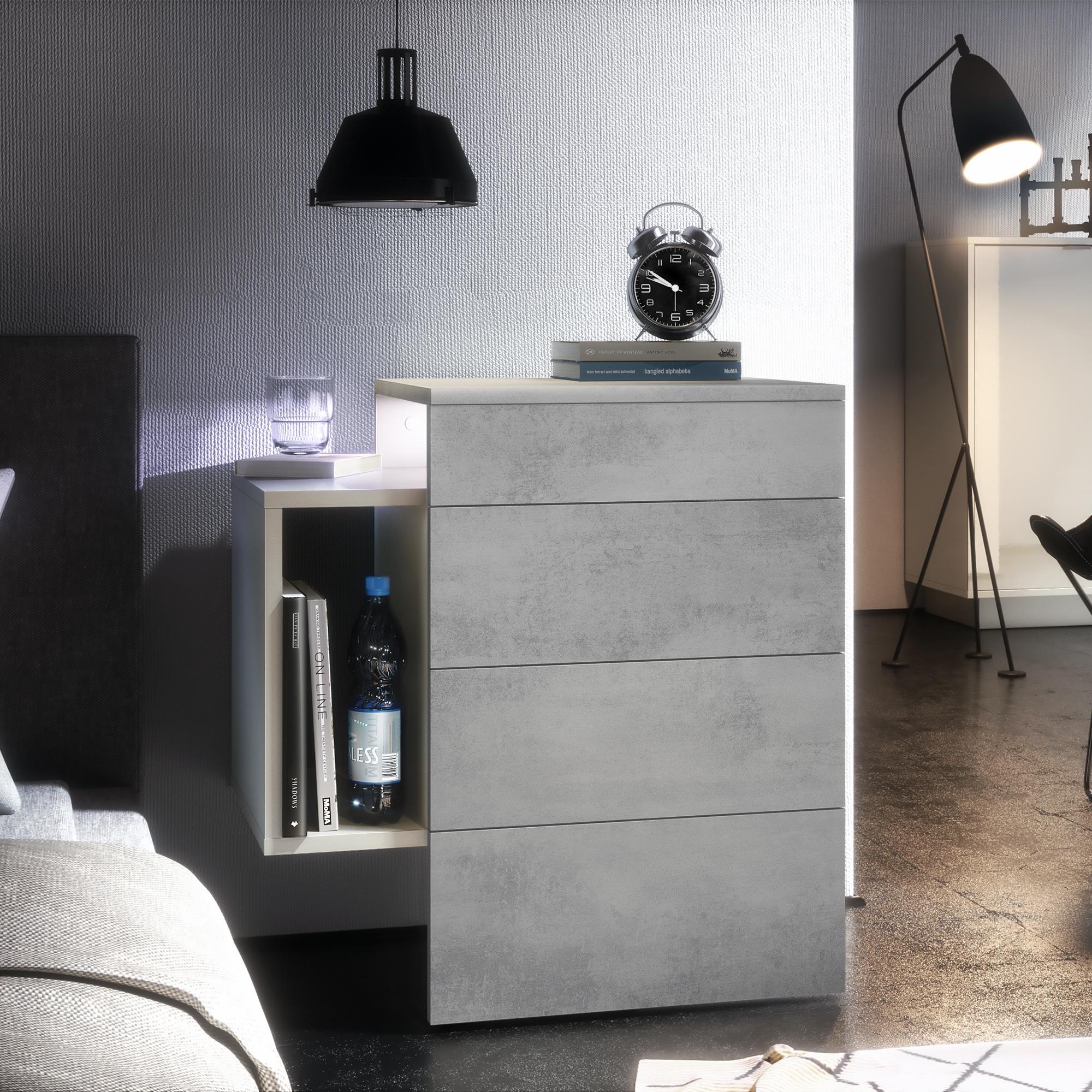 Nachttisch Queens und 1 seitlichem Fach zur Wandmontage Weiß matt/Beton Oxid Optik inkl. LED-Unterbaustrahler (60x63x36 cm)