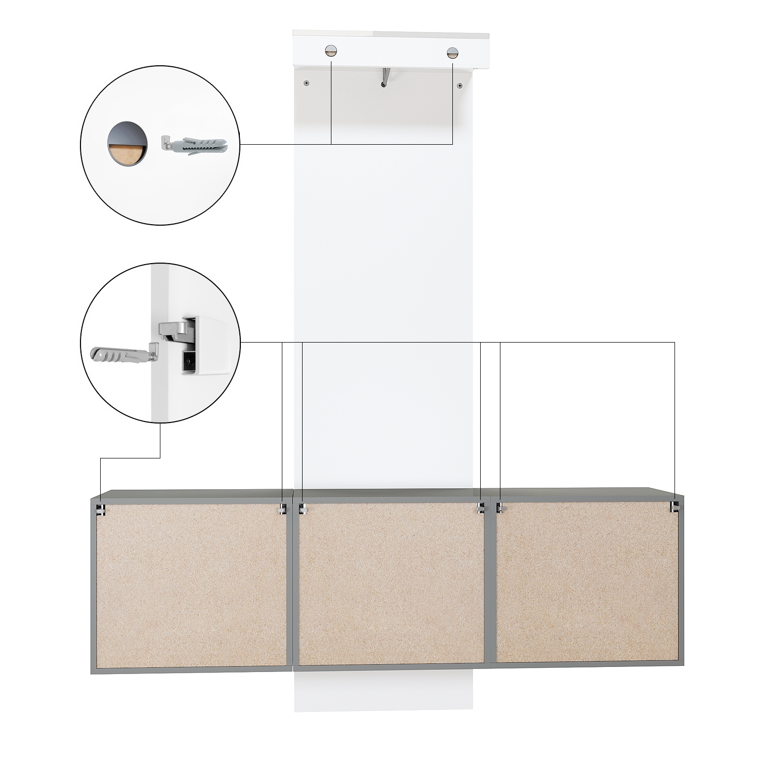 Garderobe Carlton Set 3 Anthrazit 4-tlg. 1 Paneel und 2 Schubkastenschränke Anthrazit matt/Graphit Seidenmatt (157 x 193 x 35 cm)