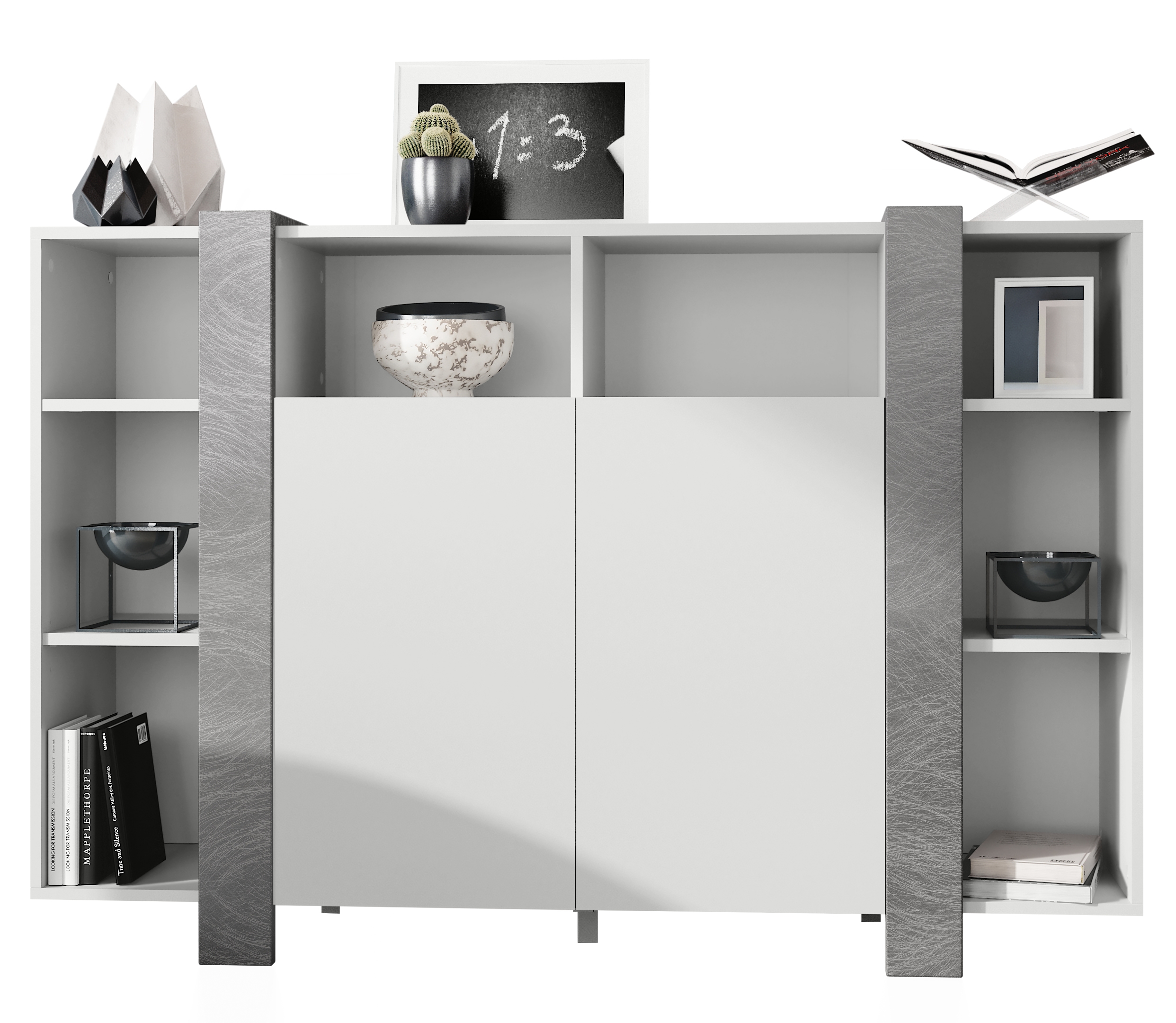 Highboard Ida V1 Weiß mit 2 Türen und 8 offene Fächer Weiß matt/Scratchy Metal (149 x 101 x 34 cm)