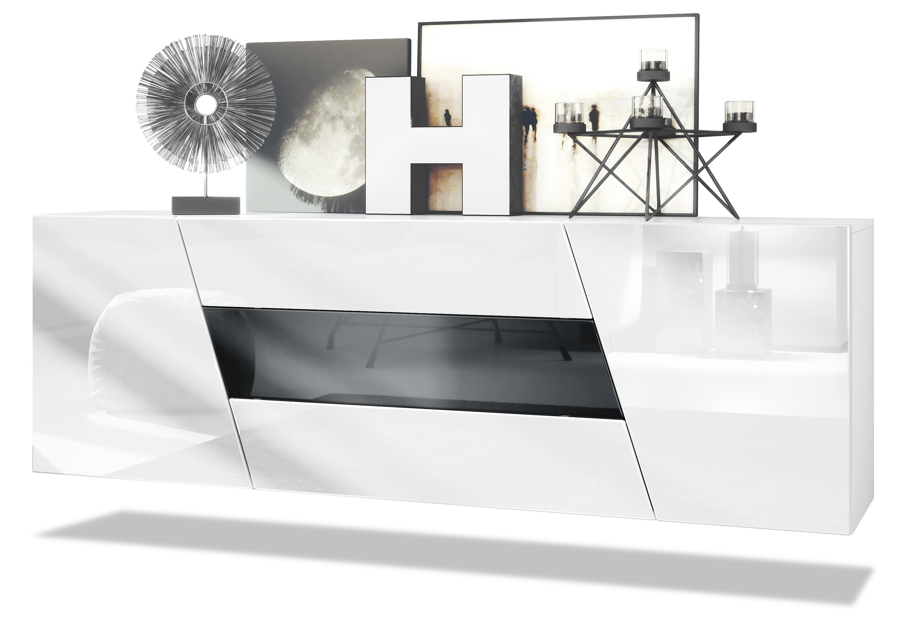 Houston Sideboard hängend mit 2 Türen und 3 Schubladen Weiß matt/Weiß Hochglanz/Schwarz Hochglanz (178 x 57,5 x 38,5 cm)