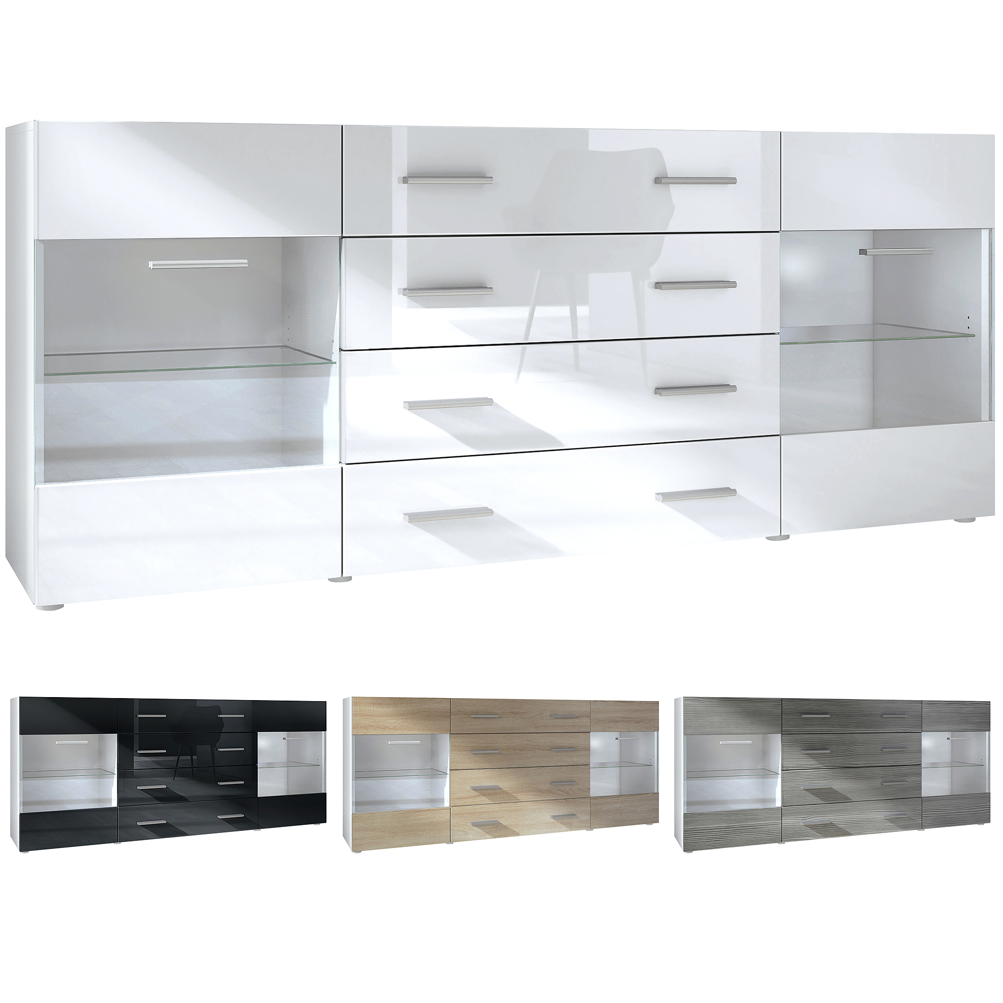 Sideboard Bari V2 4 Schubladen und 2 flexible Glaseinlegeböden Weiß matt/Beton Dunkel Optik (166 x 72 x 35)