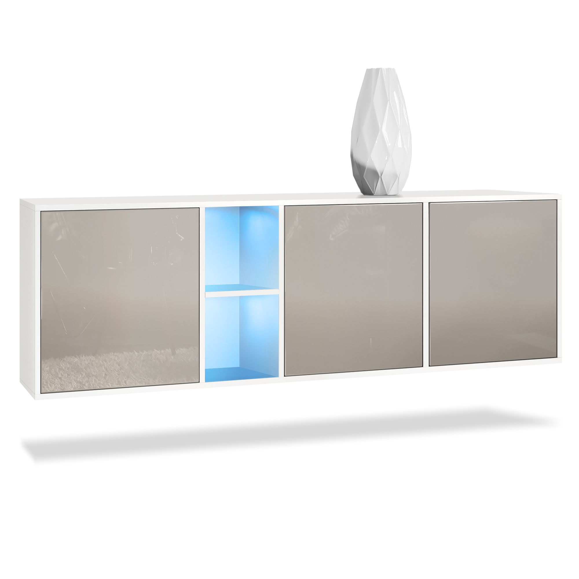 Sideboard Cuba  mit 3 Türen und 2 offene Fächer Weiß matt/Sandgrau Hochglanz inkl. LED-Beleuchtung (182 x 53 x 35 cm)