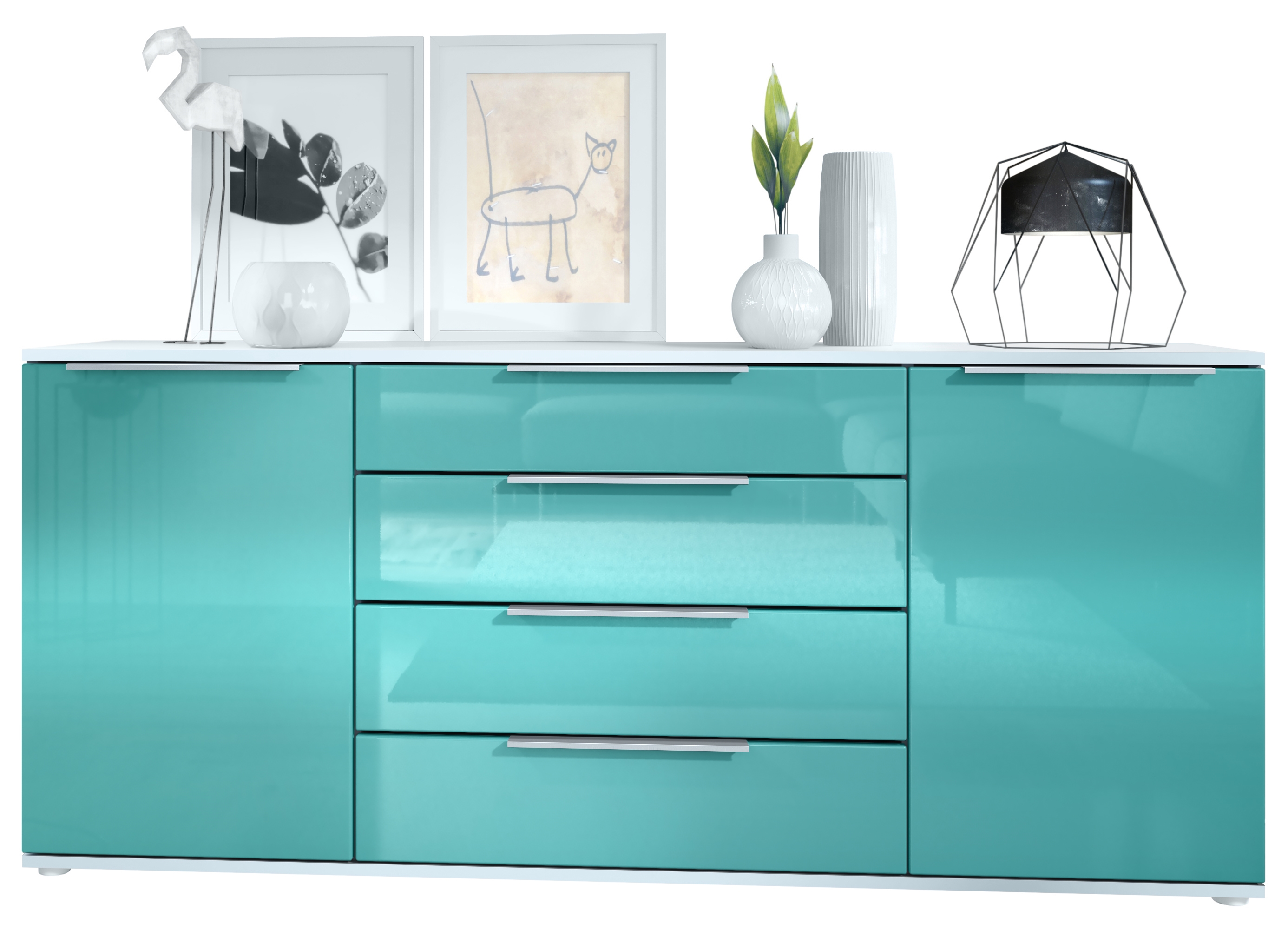 Linio V2 Sideboard mit 2 Türen und 4 Schubladen Weiß matt/Petrol Hochglanz (166,5 x 72,5 x 35 cm)