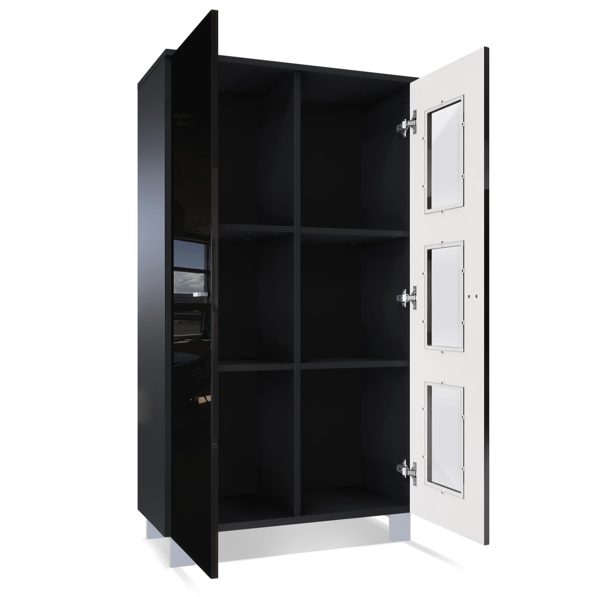 Vitrine Denjo  mit 2 Türen und 3 Glaseinsätzen Schwarz matt/ Schwarz Hochglanz/ Beton Oxid-Optik (71 x 129 x 35 cm)