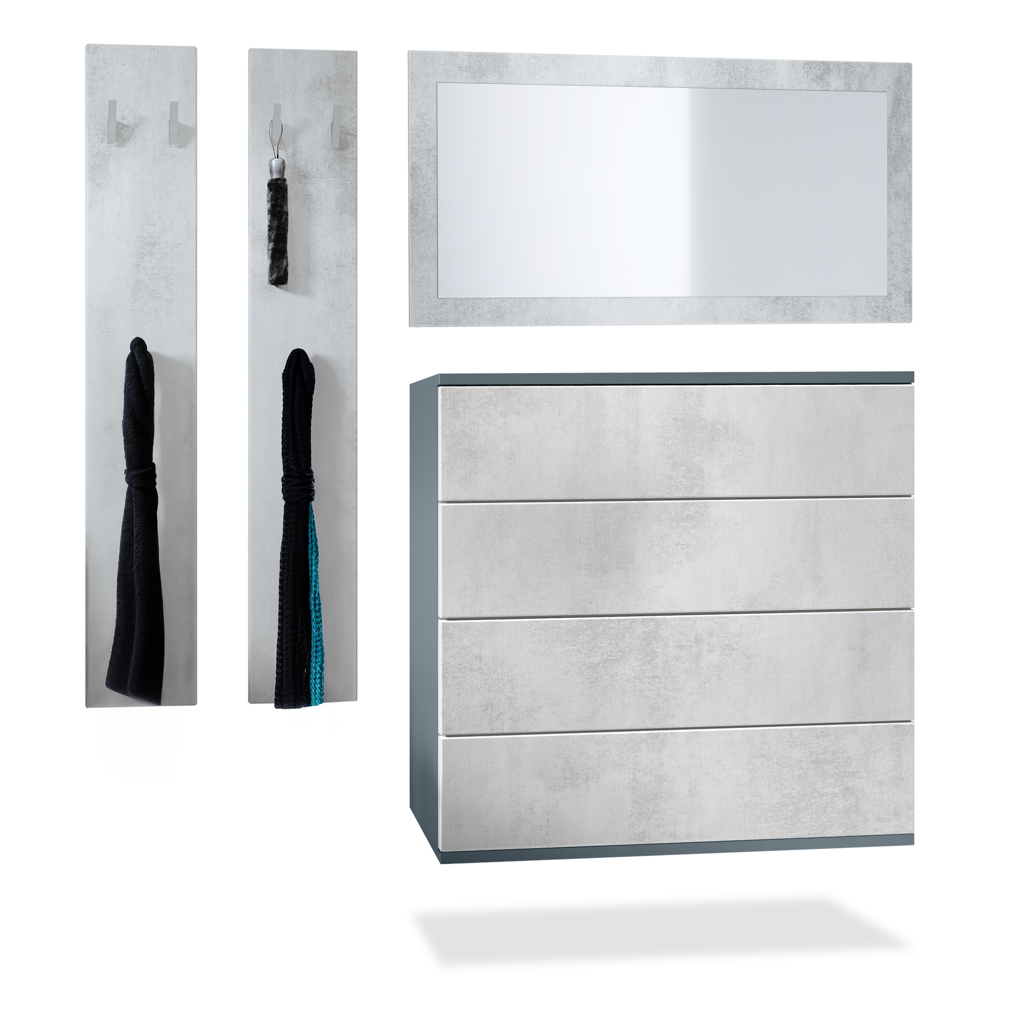 Garderoben Set Horizon bestehend aus 1 Kommode, 1 Spiegel und 1 Wandpaneel Anthrazit matt/Beton Oxid Optik