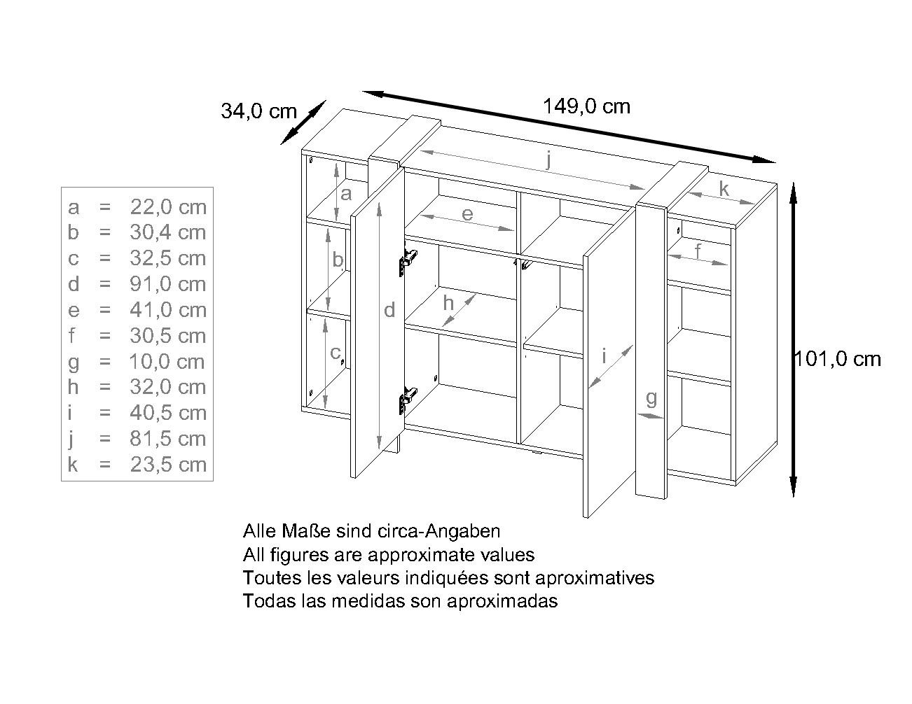 Highboard Ida V2 Weiß mit 2 Türen und 6 offene Fächer Weiß matt/Brombeer Hochglanz (149 x 101 x 34 cm)