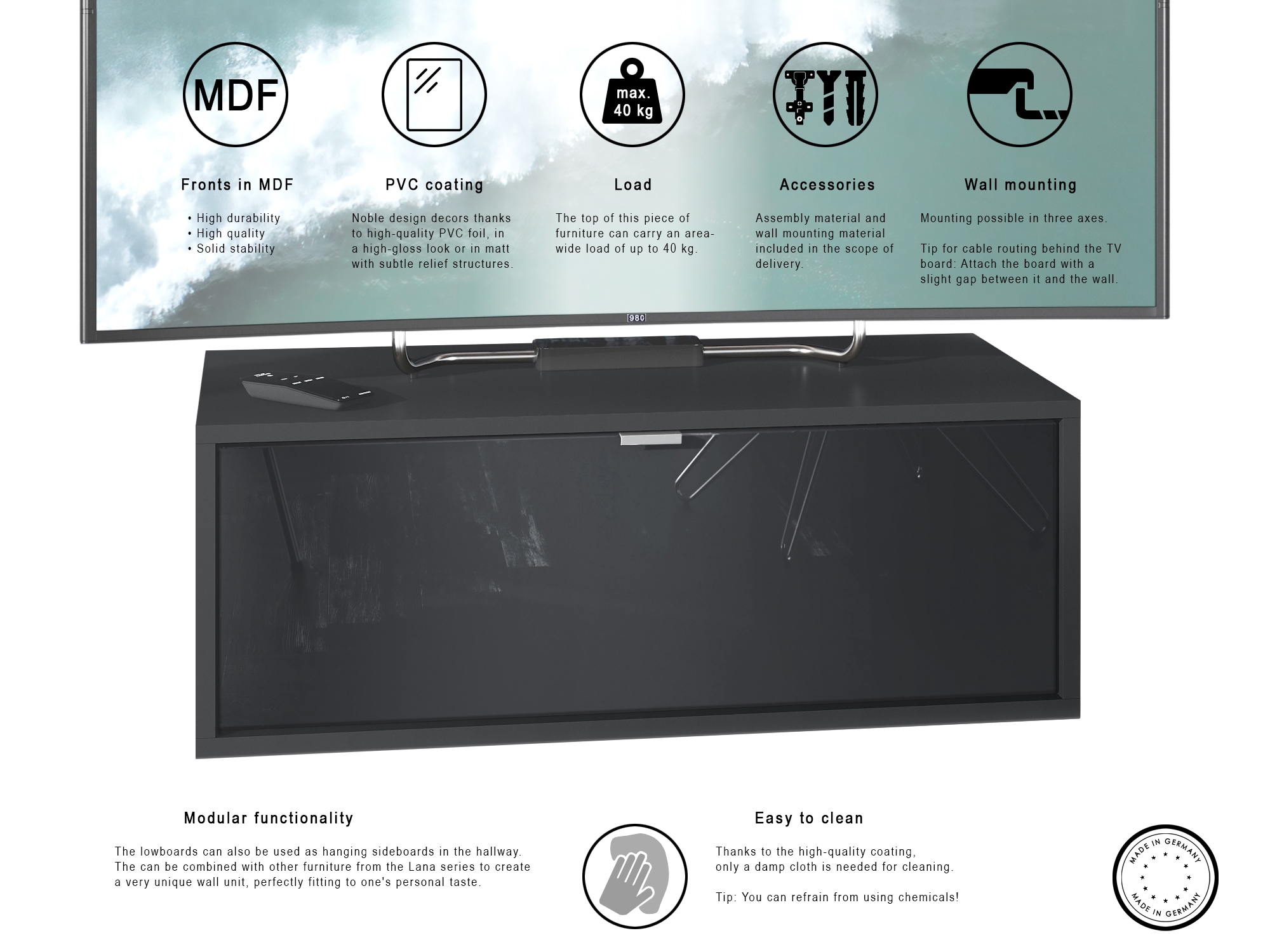 Lowboard Lana 800 mit Klappe Schwarz matt/Eiche Nordic (80 x 29 x 37 cm)