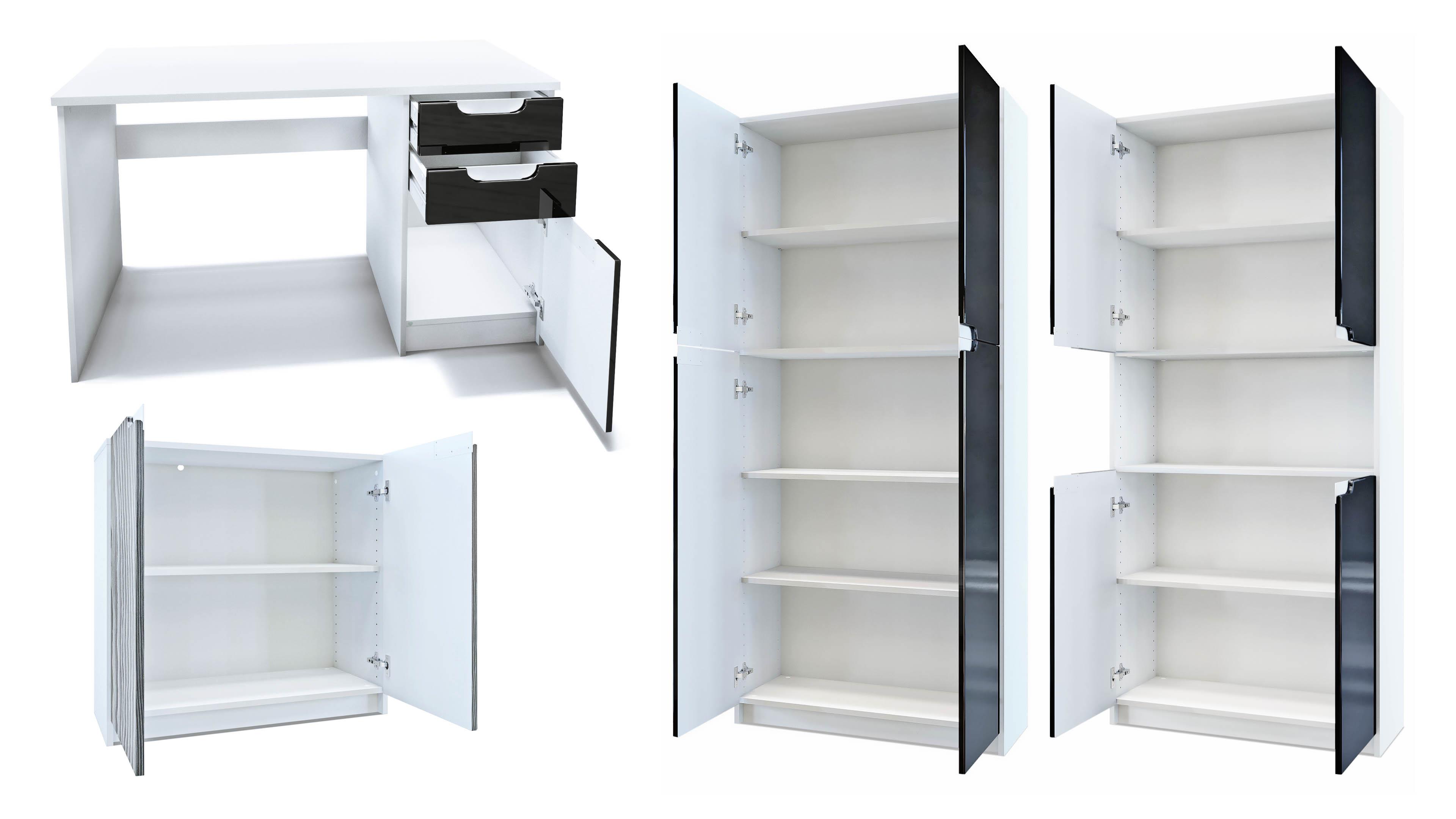 Büromöbel-Set Logan  mit 1 Schreibtisch, 2 Schränken und 1 Kommode Weiß matt/Eiche sägerau (246 x 60 x 185 cm)