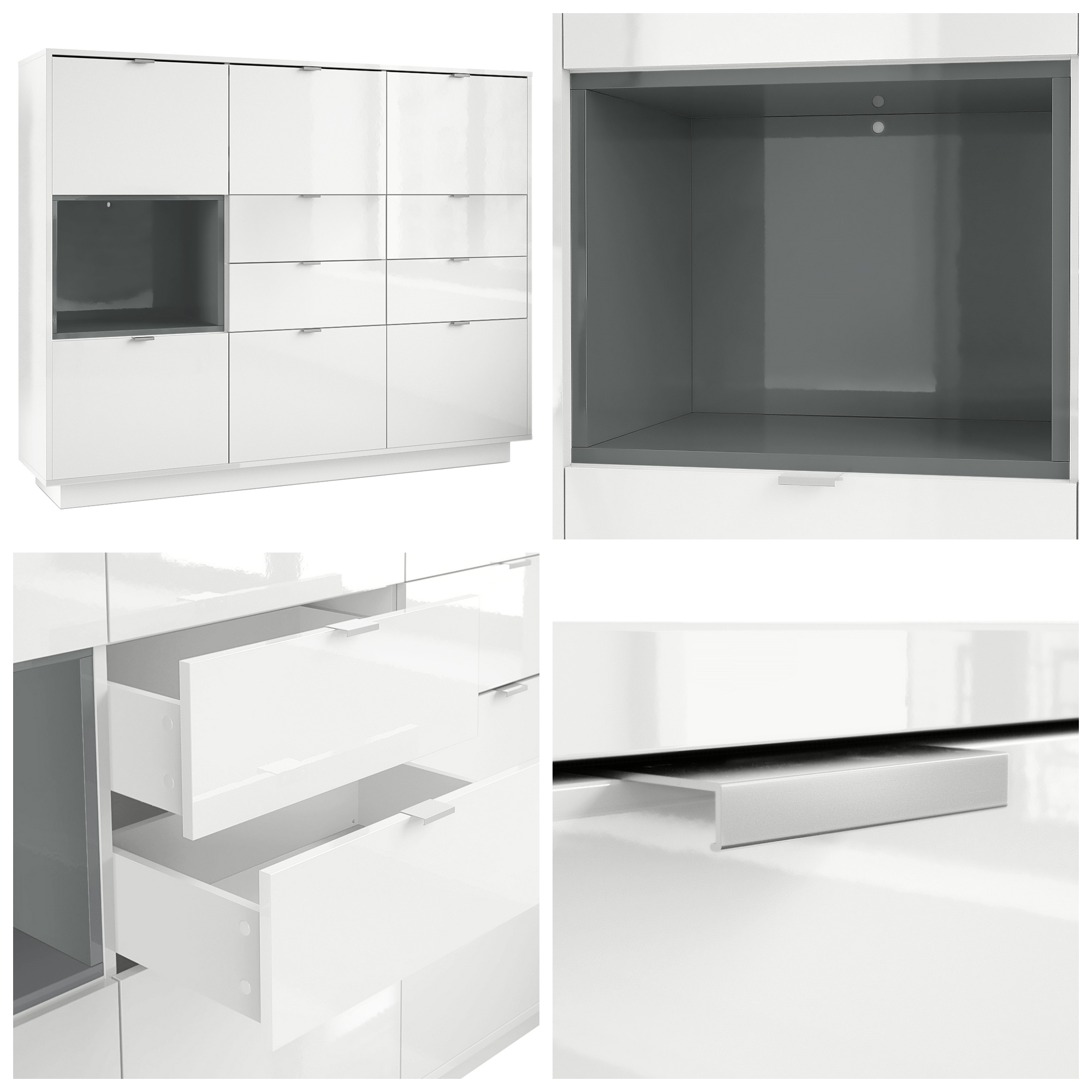 Highboard Metro V2  mit 6 Türen, 4 Schubladen und 1 offenem Fach Weiß Hochglanz/Beton Oxid Optik (153 x 123 x 38 cm)