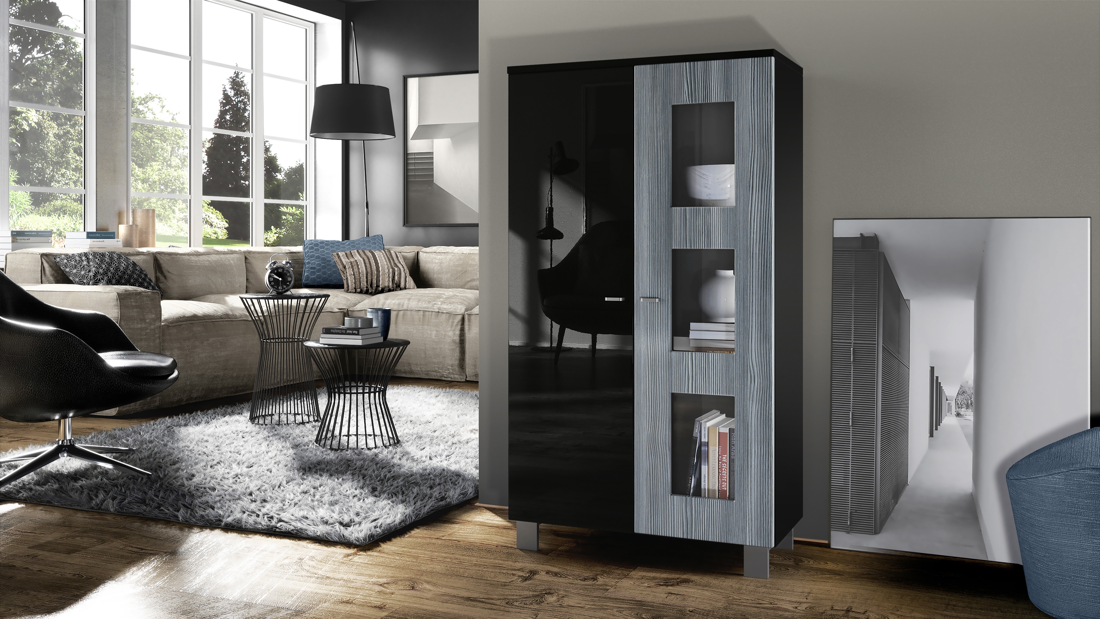 Vitrine Denjo  mit 2 Türen und 3 Glaseinsätzen Schwarz matt/ Schwarz Hochglanz/ Avola-Anthrazit (71 x 129 x 35 cm)