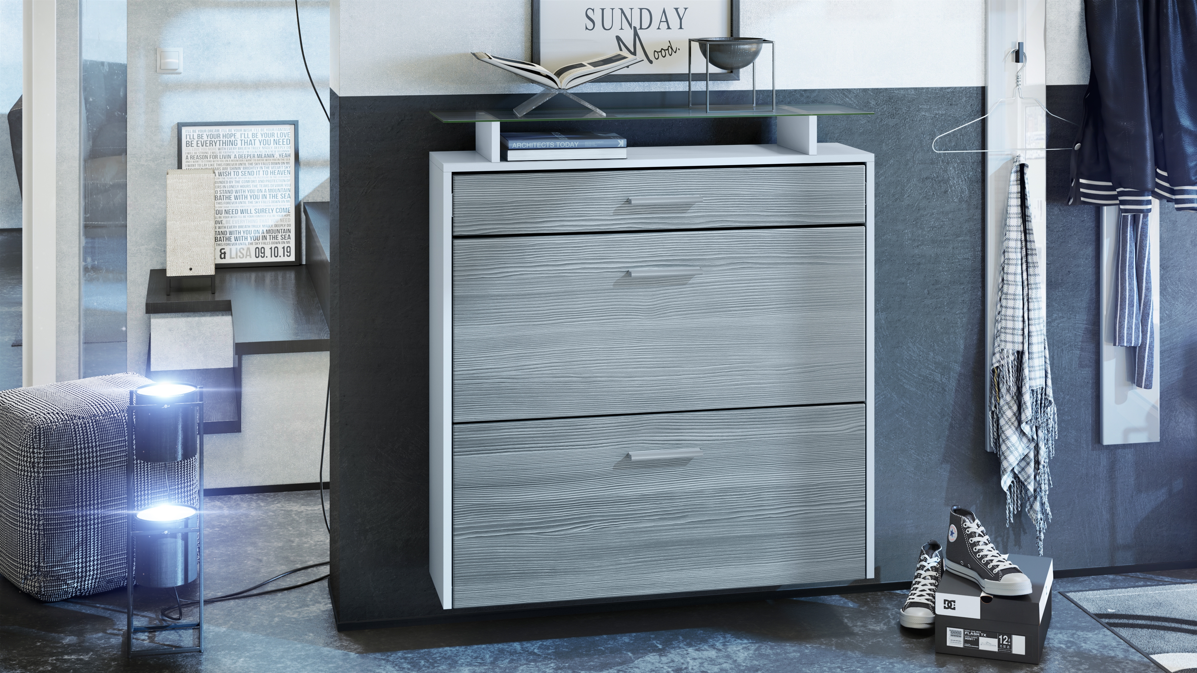 Schuhschrank Malea mit 2 Klappen und 1 Schublade und Glasablage Weiß matt/Avola-Anthrazit (89 x 96 x 23 cm)