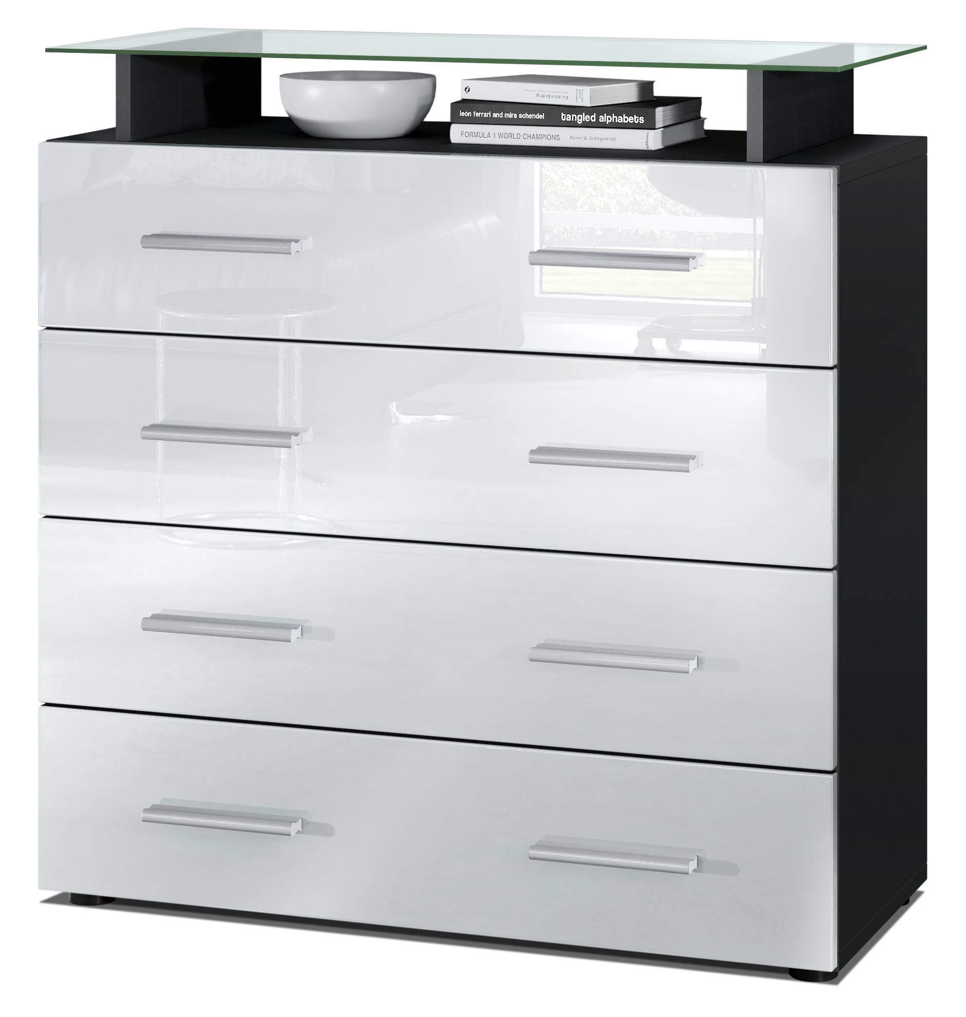 Kommode Pavos V2 mit 4 Schubladen und Glasablage Schwarz matt/Weiß Hochglanz (76 x 81 x 35 cm)