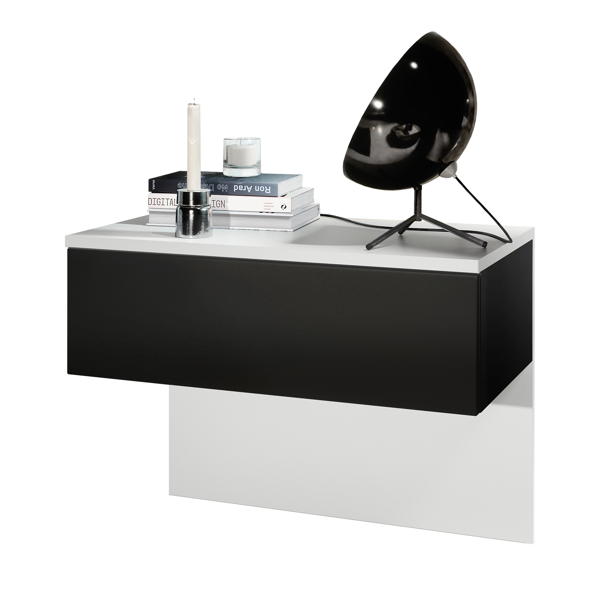 Nachttisch Sleep  mit Schublade zur Wandmontage Weiß matt/Schwarz matt (60 x 46 x 35 cm)