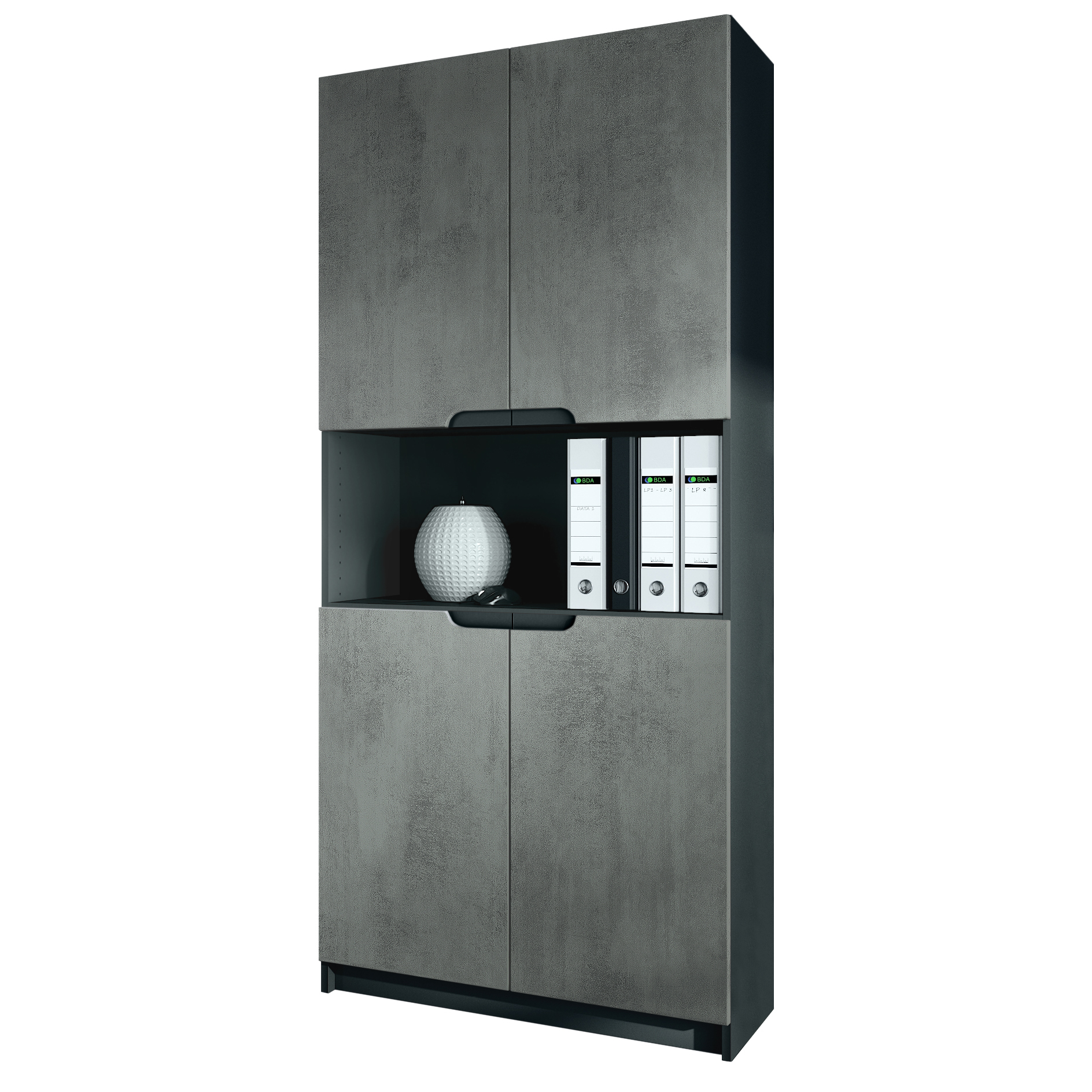 Büroschrank Logan V2 mit 5 Fächern und 4 Türen Schwarz matt/Beton dunkel Optik (82 x 185 x 37 cm)