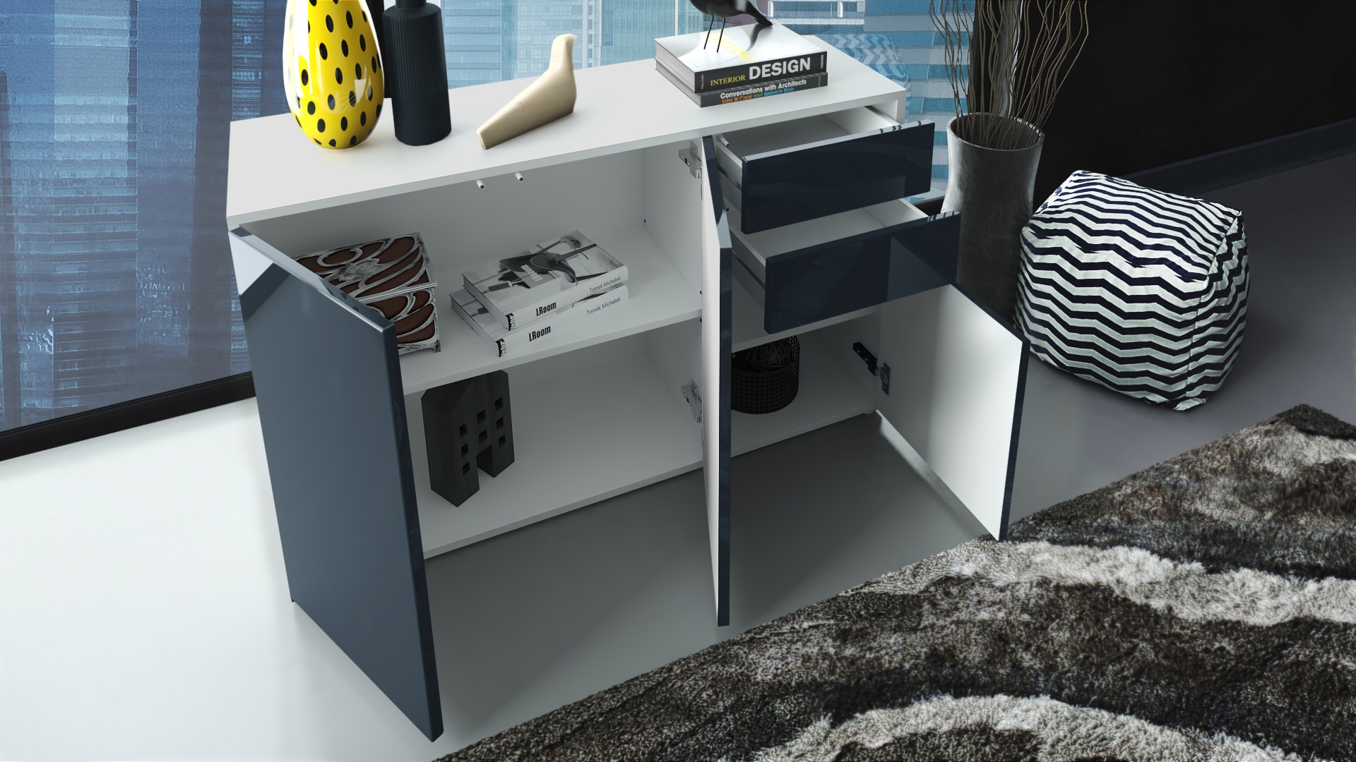 Kommode Ben V3  mit 3 Türen und 2 Schubladen Weiß matt/Beton Oxid-Optik (117 x 74 x 36 cm)