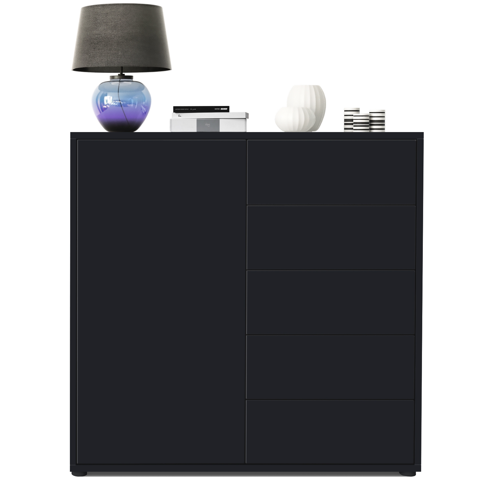 Kommode Ben V2  mit 1 Tür und 5 Schubladen Schwarz matt/Schwarz matt (79 x 74 x 36 cm)