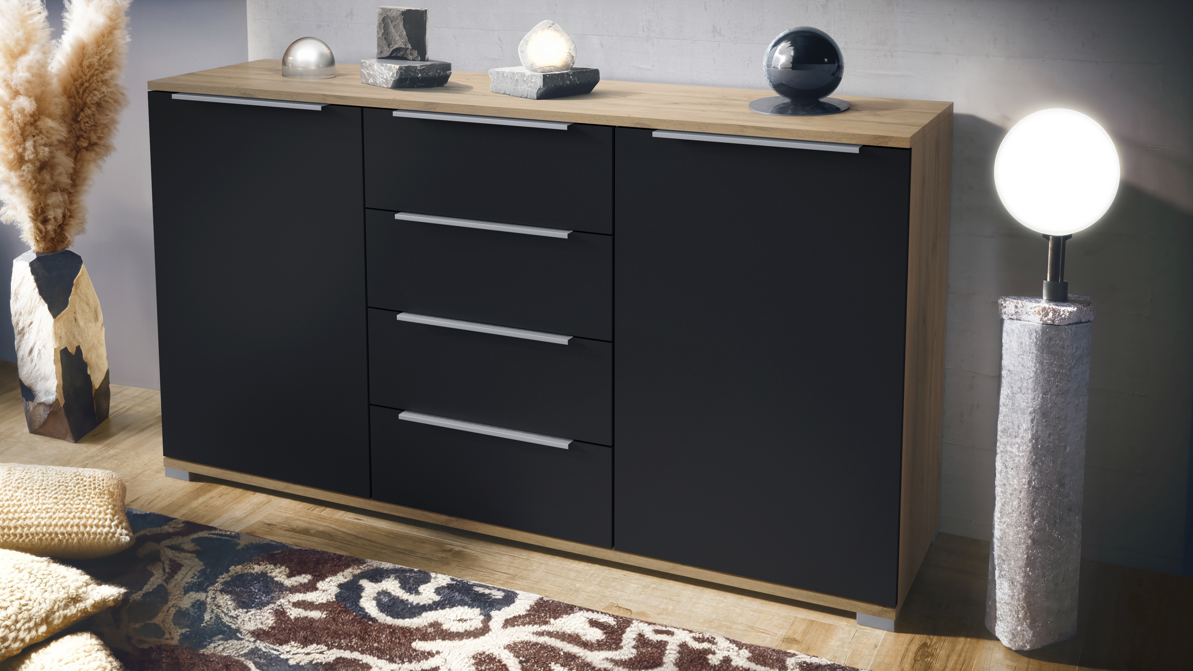 Linio V1 Sideboard Eiche Evoke mit 2 Türen und 4 Schubladen Eiche Evoke/Schwarz matt (138,5 x 75,5 x 35 cm)
