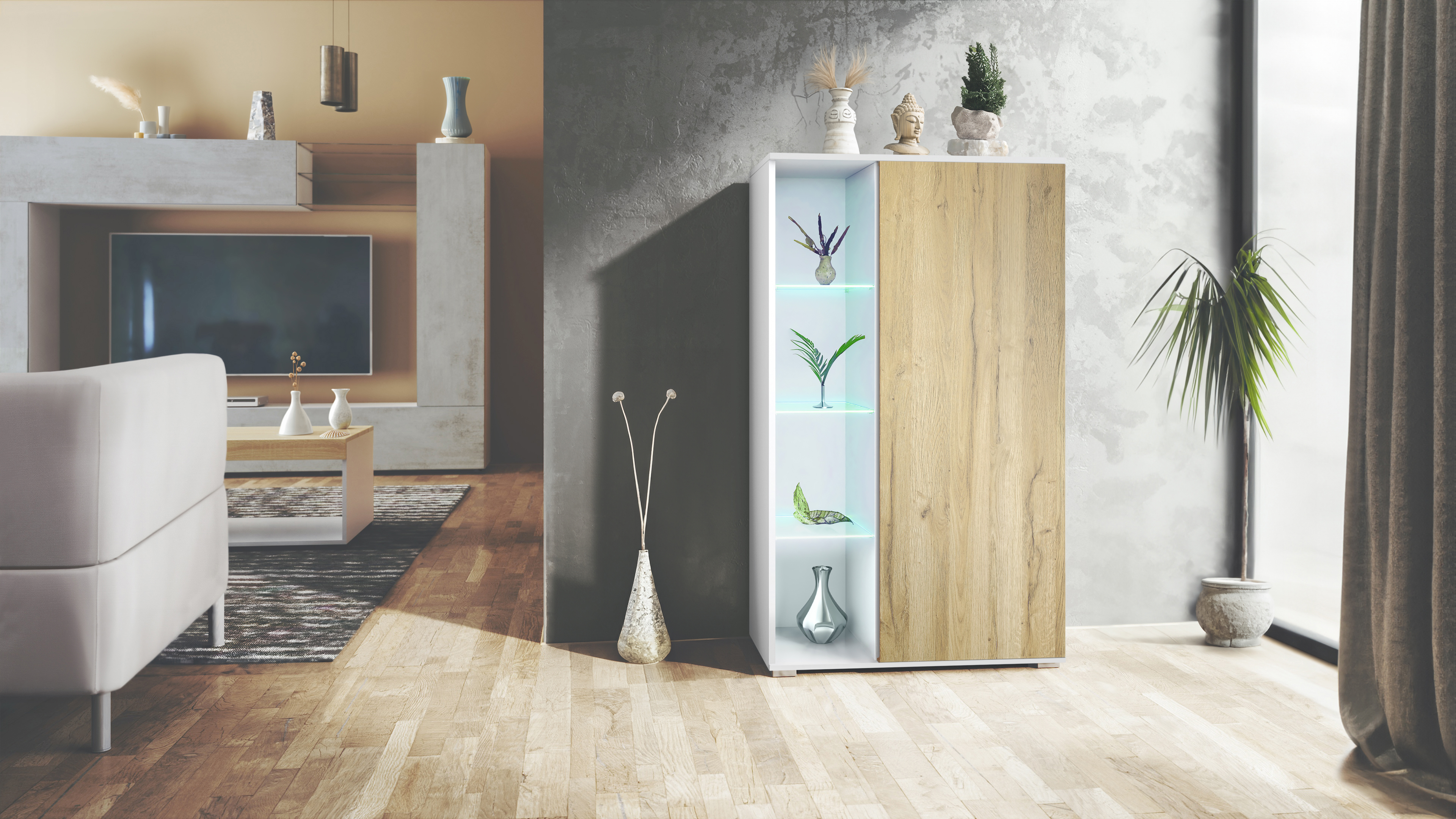 Vitrine Davos mit 3 Glasböden und 8 Fächer inkl. LED Weiß matt/Eiche Natur (71,5 x 134 x 35 cm)