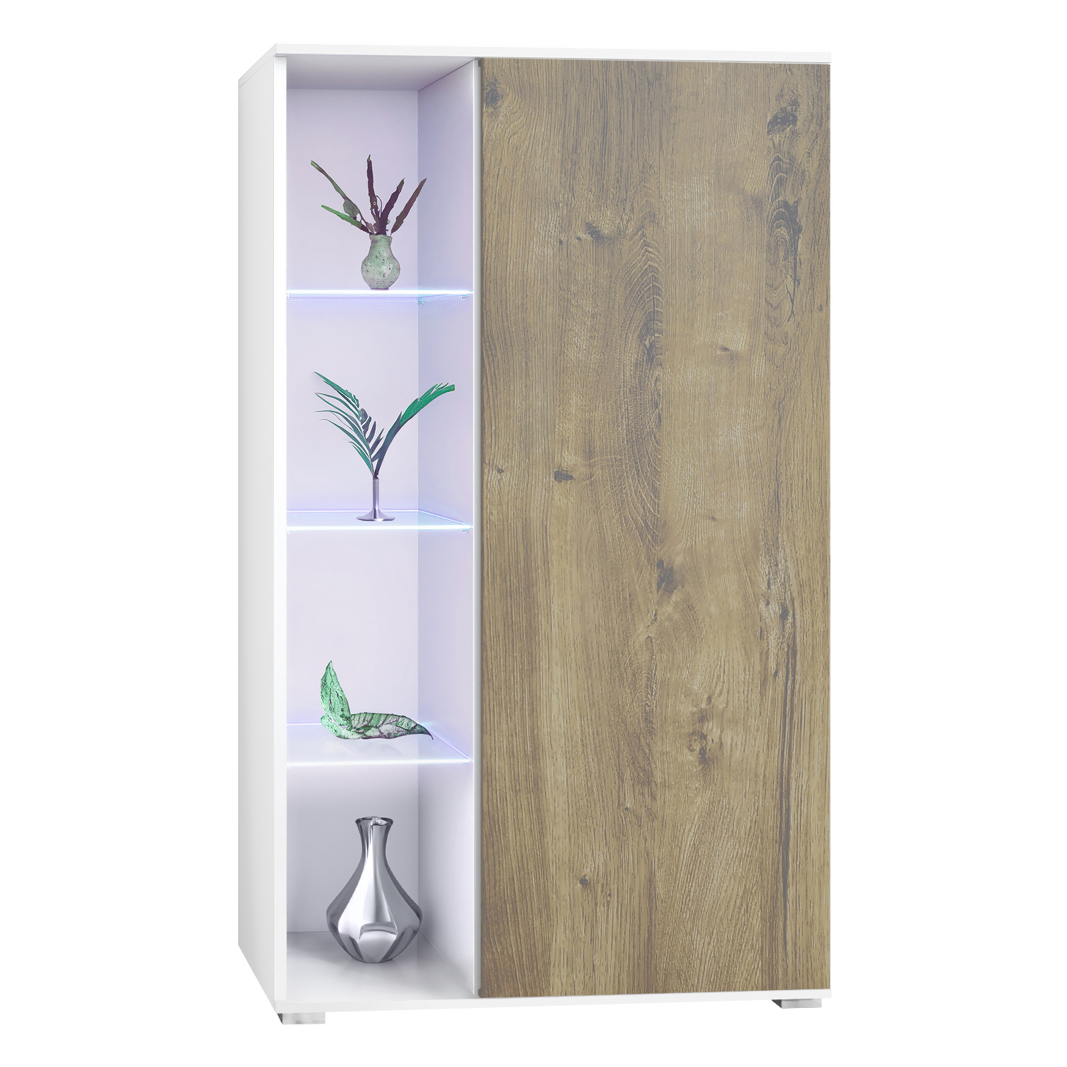 Vitrine Davos mit 3 Glasböden und 8 Fächer inkl. LED Weiß matt/Eiche Ribbeck (71,5 x 134 x 35 cm)