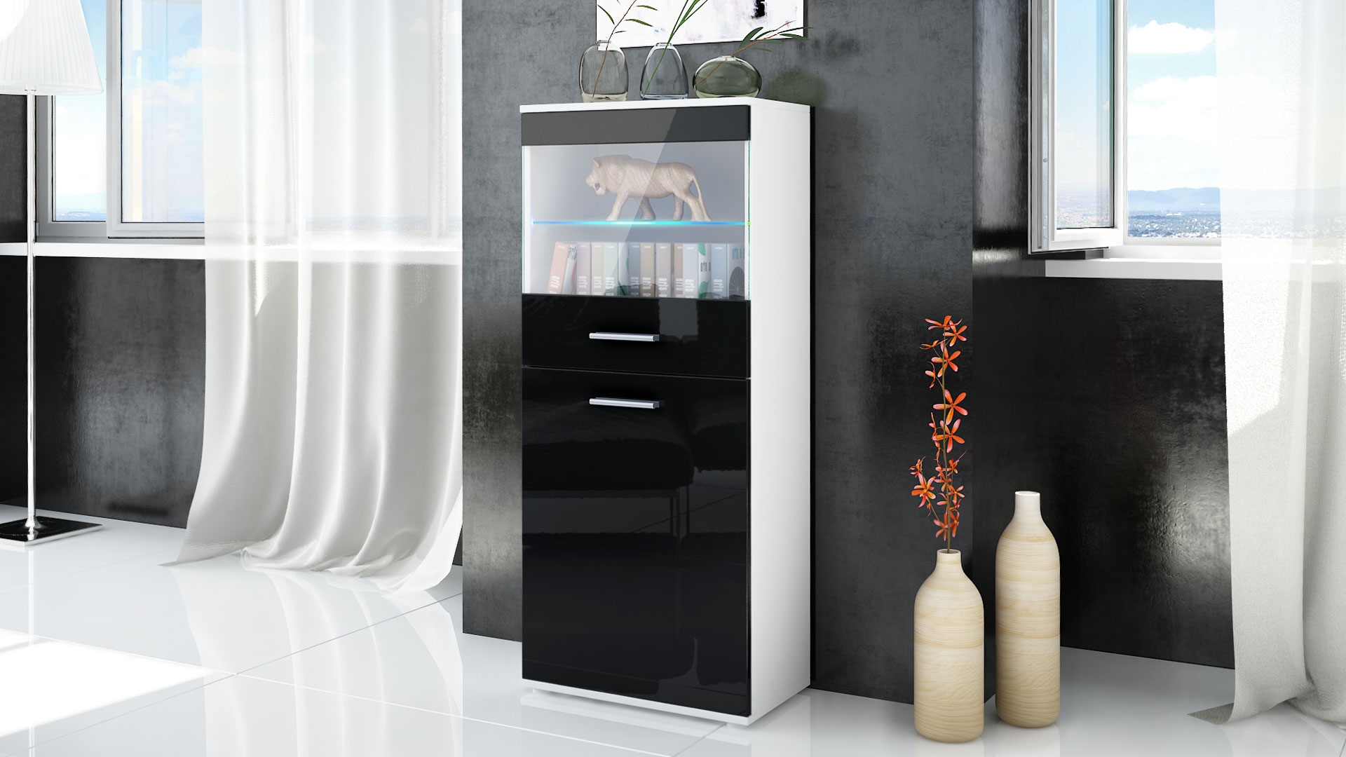 Vitrine Almada mit 2 Türen, 4 Fächern und 1 Glaseinsatz Weiß matt/Schwarz Hochglanz (53 x 125 x 30 cm)