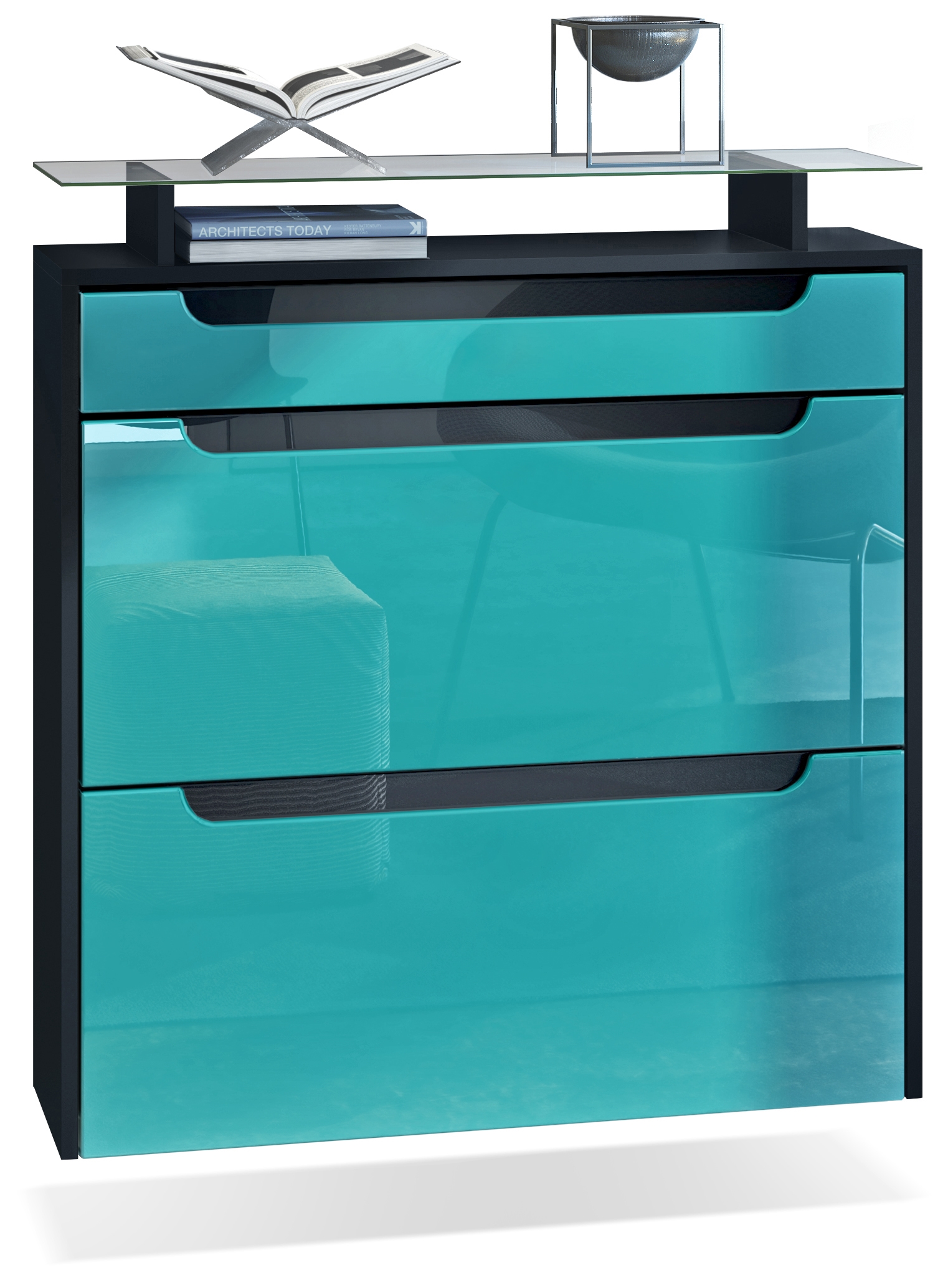 Schuhschrank Annie ​mit 2 Klappen, Schublade und Glasablage Schwarz matt/Petrol Hochglanz/Schwarz Hochglanz (89 x 96 x 23 cm)