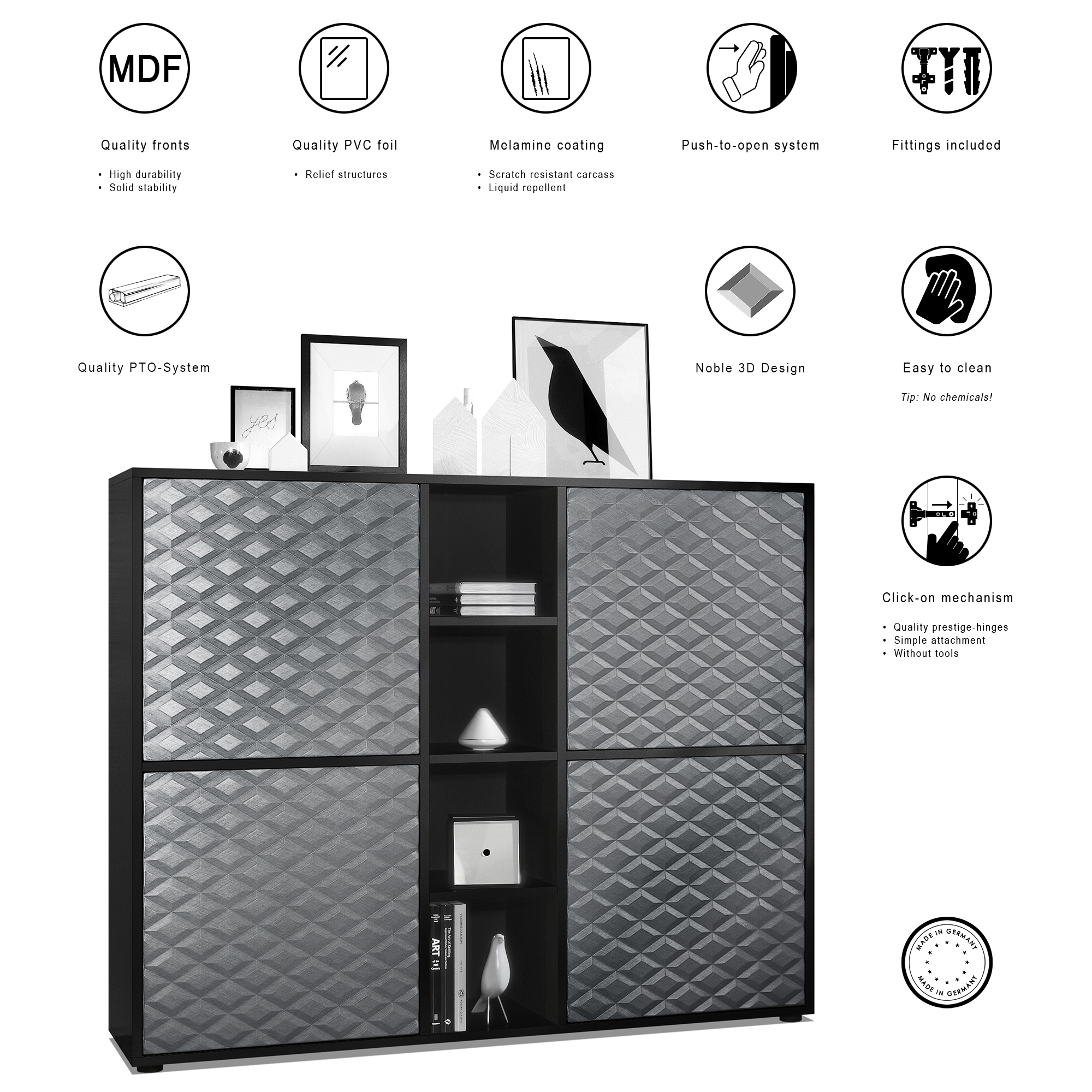 Highboard Cuba V3 mit 4 Türen und 4 offene Fächer Schwarz matt/Stahlgrau 3D Struktur (130,5x105,5x35,5 cm)