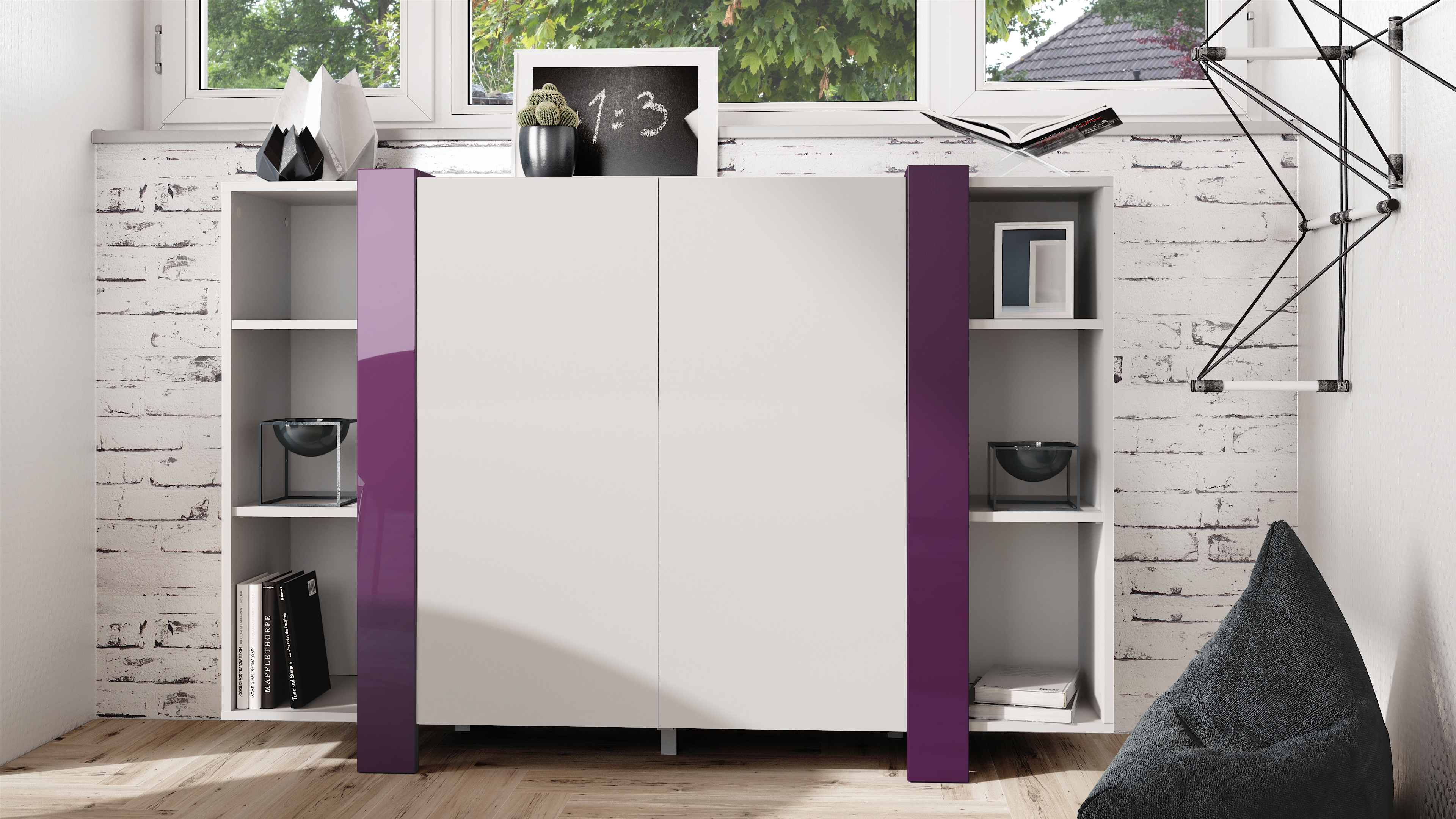 Highboard Ida V2 Weiß mit 2 Türen und 6 offene Fächer Weiß matt/Brombeer Hochglanz (149 x 101 x 34 cm)