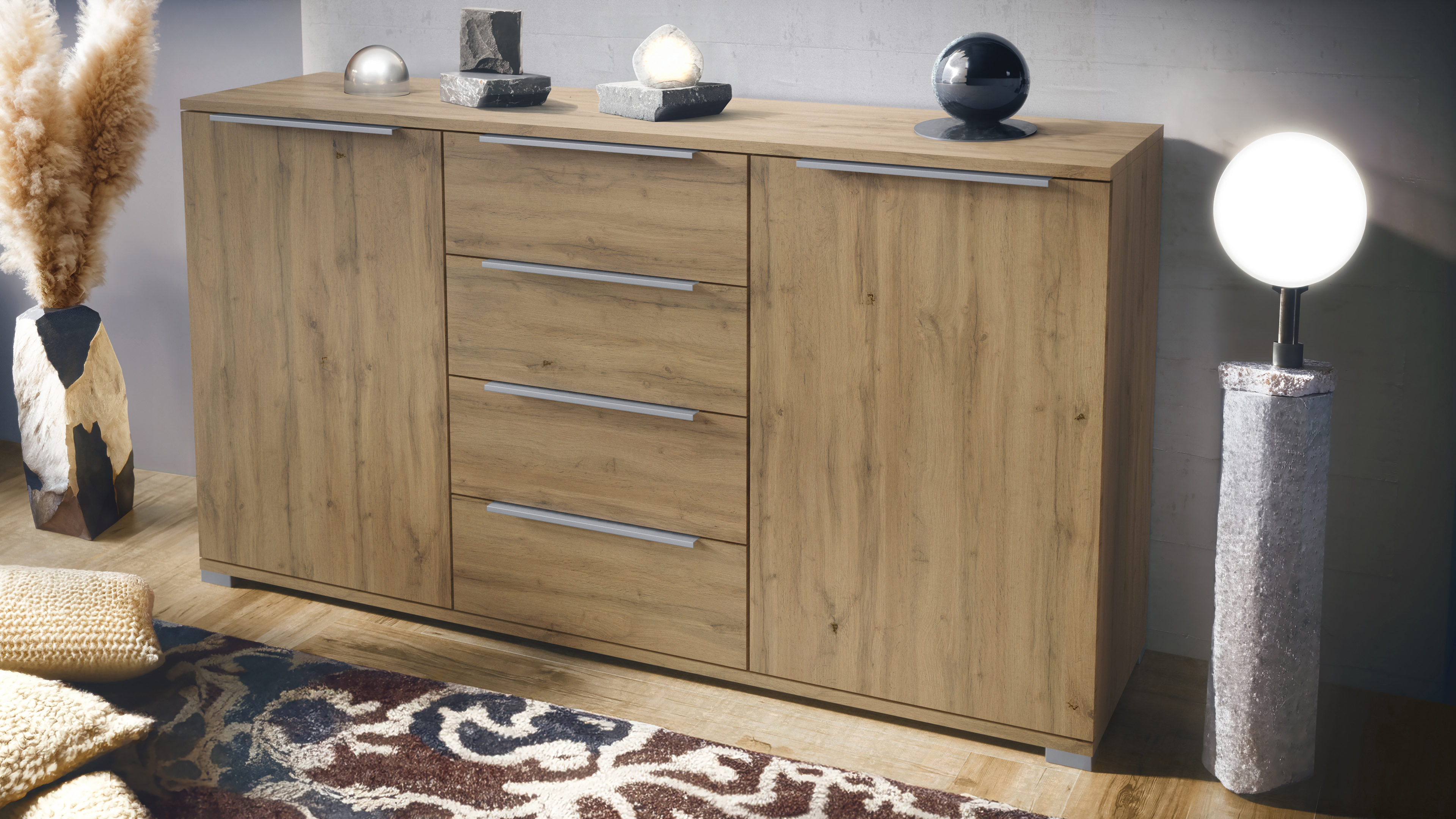 Linio V1 Sideboard Eiche Evoke mit 2 Türen und 4 Schubladen Eiche Evoke/Eiche Evoke (138,5 x 75,5 x 35 cm)