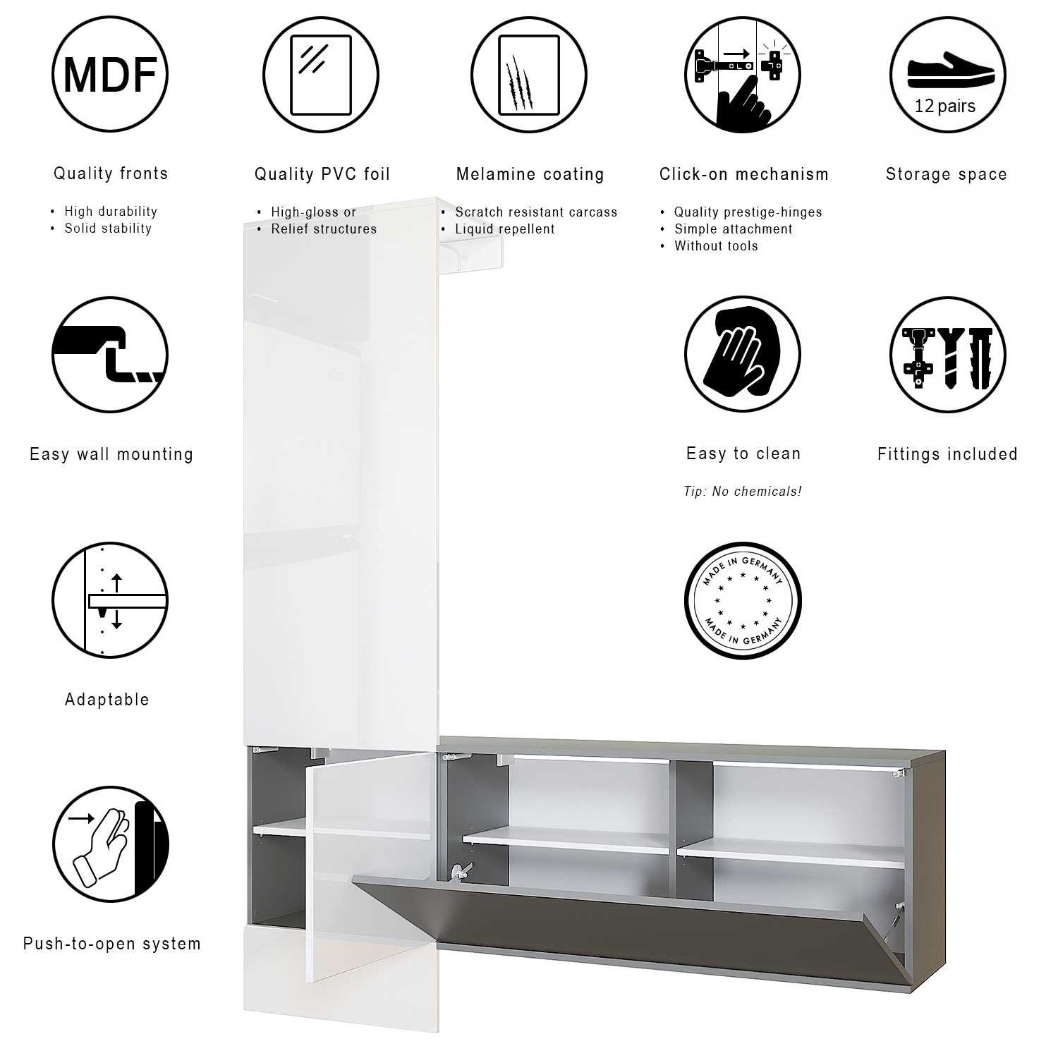 Garderobe Carlton Set 4 Anthrazit 3-tlg. 1 Paneel und 1 Schrankmodul Anthrazit matt/Creme Hochglanz (156,5 x 193 x 35 cm)
