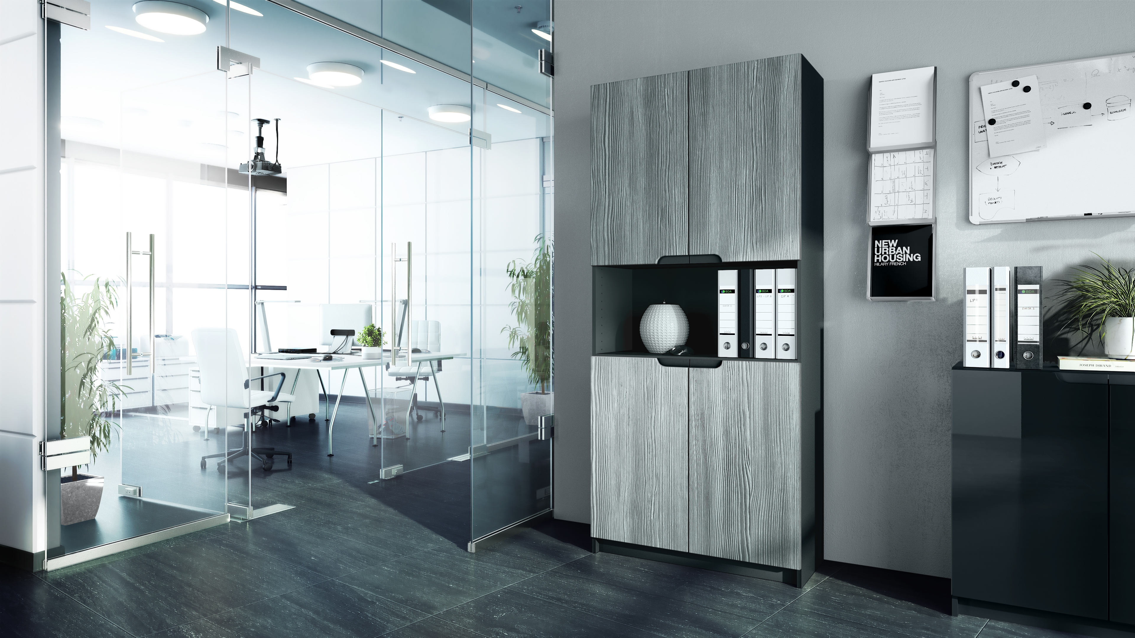 Büroschrank Logan V2 mit 5 Fächern und 4 Türen Schwarz matt/Avola-Anthrazit (82 x 185 x 37 cm)