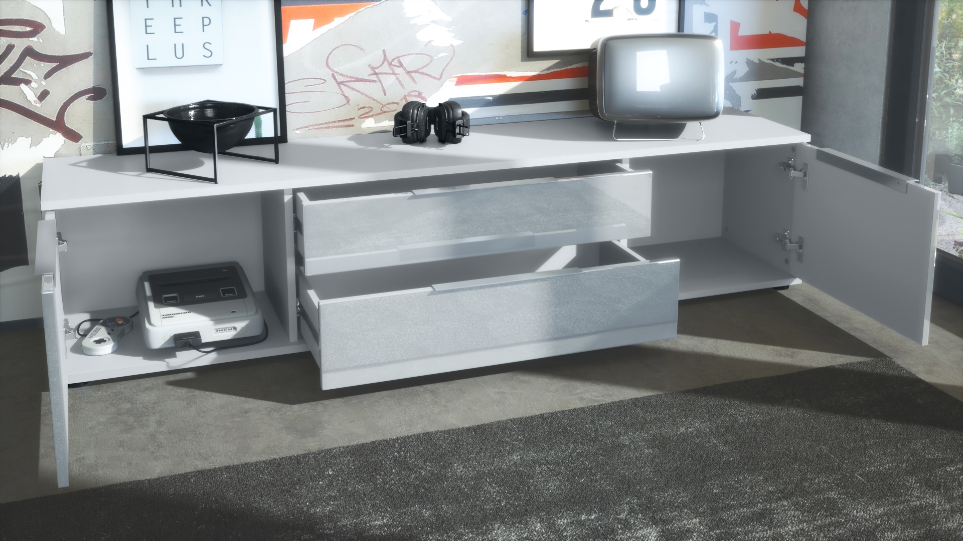 Linio V2 Lowboard mit 2 Türen und Schubladen Weiß / Avola-Anthrazit (166,5 x 37,5 x 35 cm)