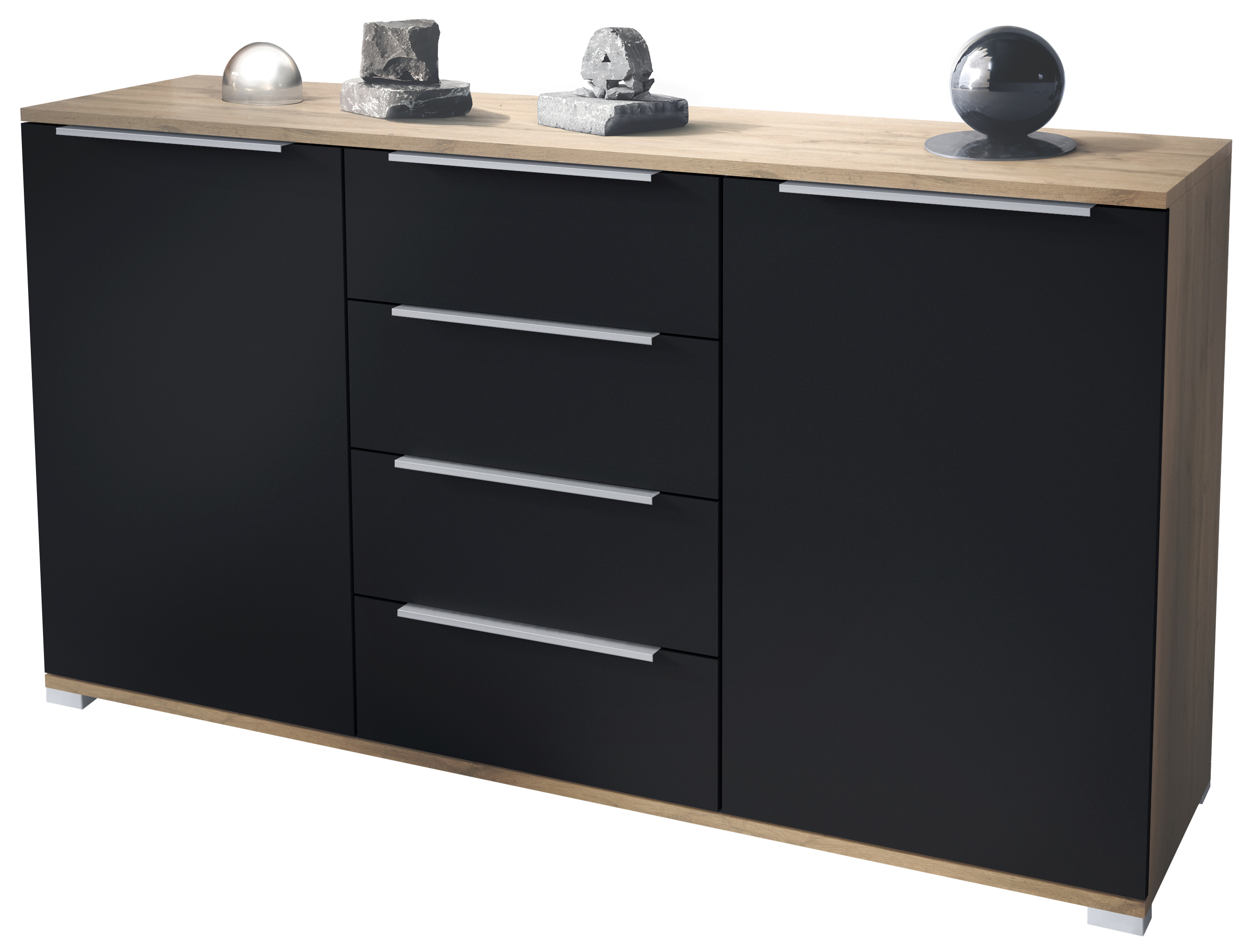 Linio V1 Sideboard Eiche Evoke mit 2 Türen und 4 Schubladen Eiche Evoke/Schwarz matt (138,5 x 75,5 x 35 cm)