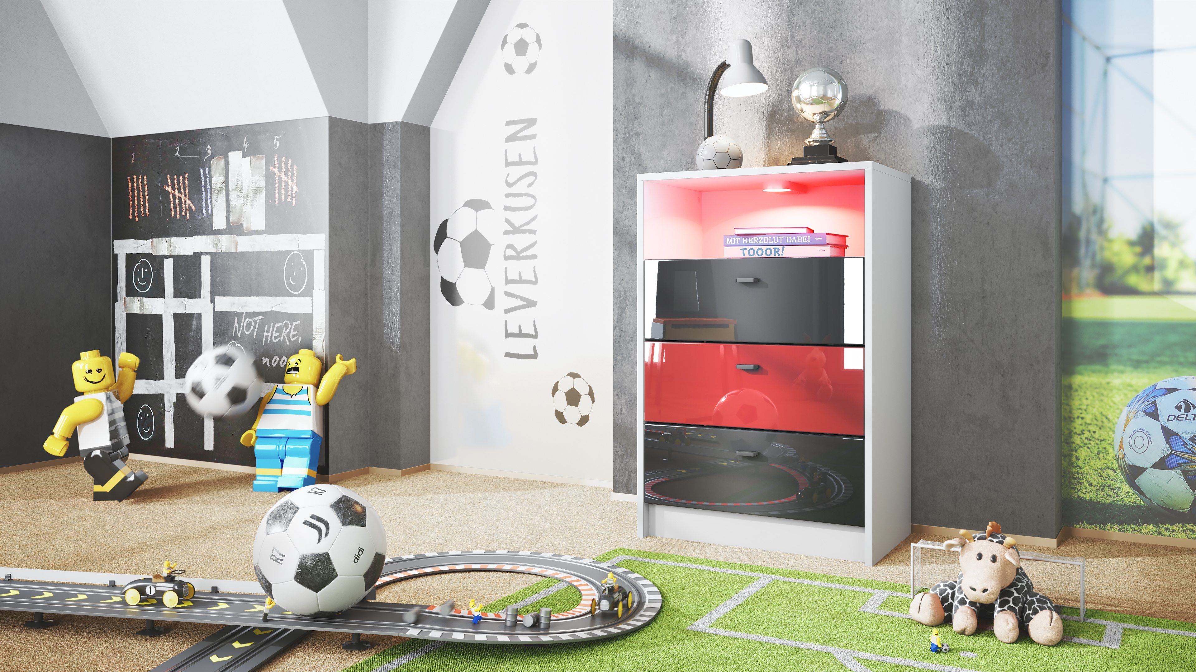 Pino V2 Kommode Fußball mit 3 Schubladen inkl. RGB LED Beleuchtung Fußball Leverkusen - Schwarz, Rot & Schwarz glänzend (56x86,5x36 cm)