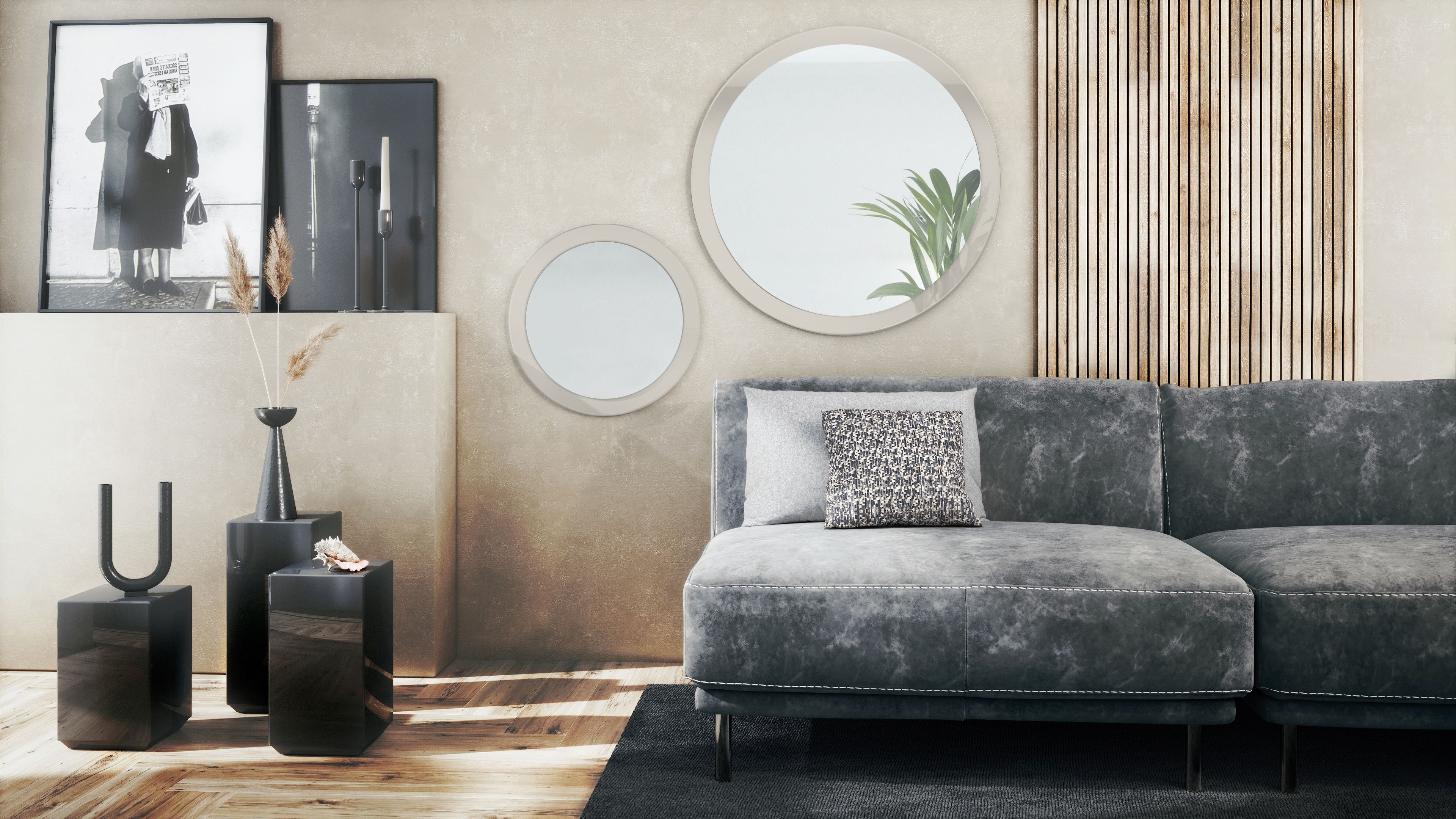 Globe Spiegel 2er-Set (Typ 50+80) für Flur und Wohnzimmer mit MDF-Rahmen in Sandgrau Hochglanz (50 und 80 cm Durchmesser)
