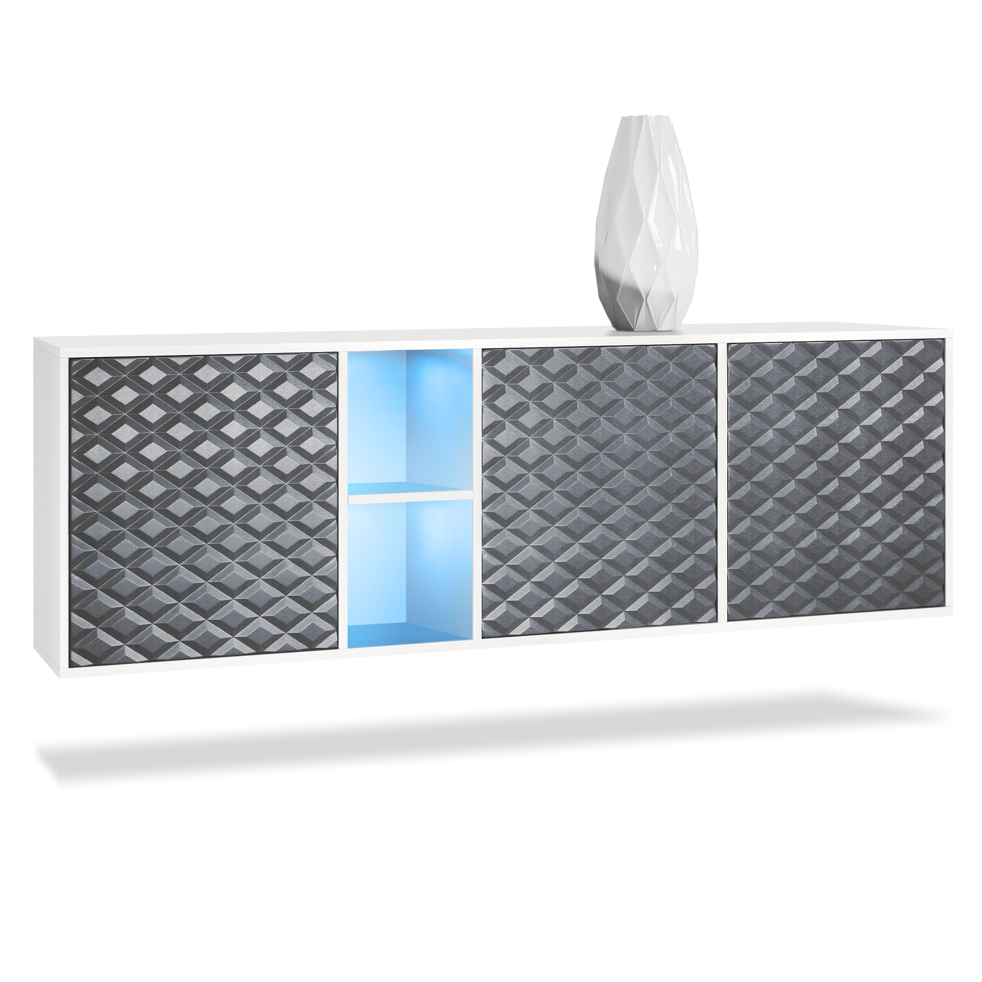 Sideboard Cuba  mit 3 Türen und 2 offene Fächer Weiß matt/3D Stahlgrau inkl. LED-Beleuchtung (182 x 53 x 35 cm)
