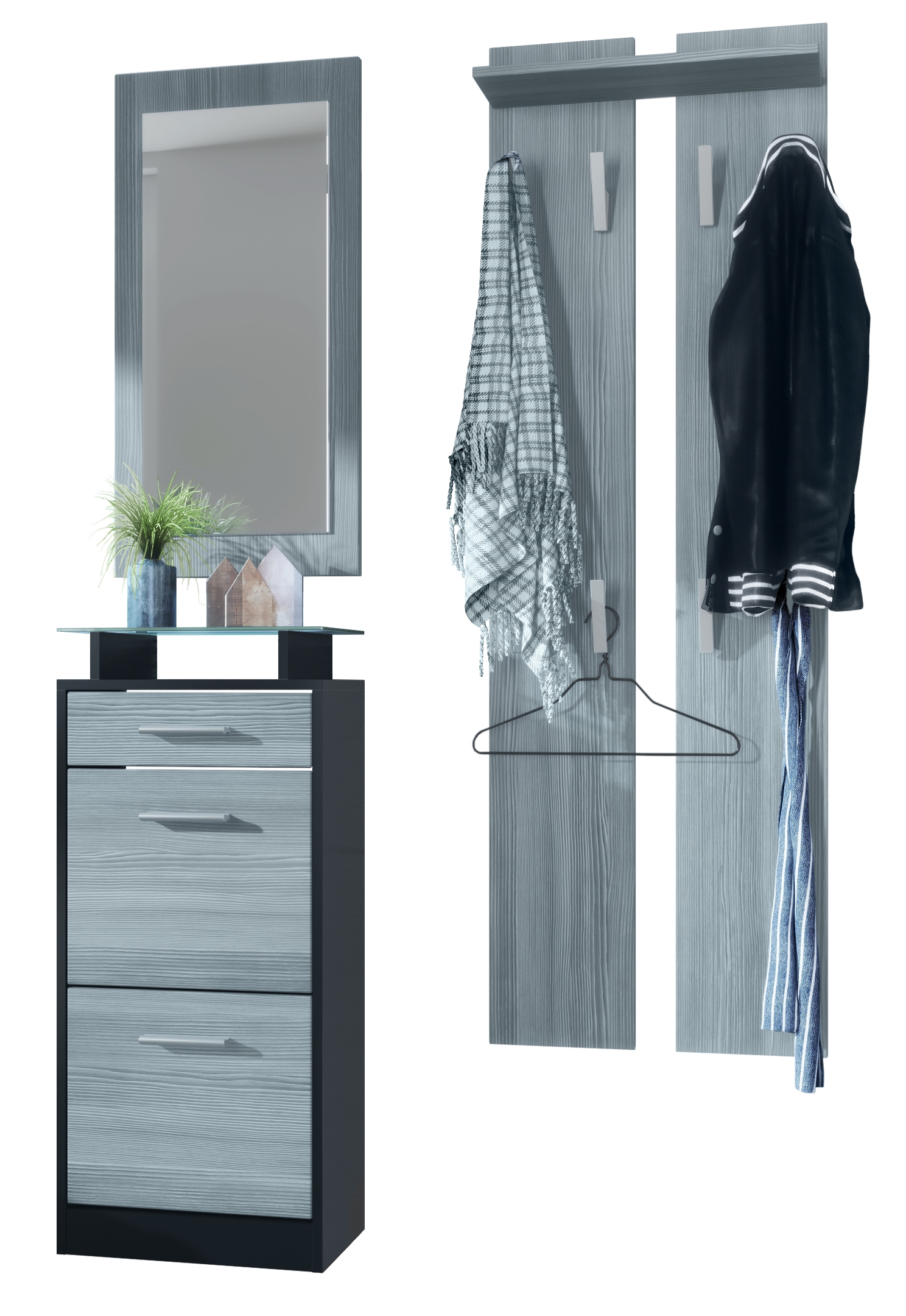 Garderobenset Loret V2 mini 1 Wandspiegel, 2 Garderobenpaneele Schwarz matt/Avola-Anthrazit (140 x 23 x 200 cm)