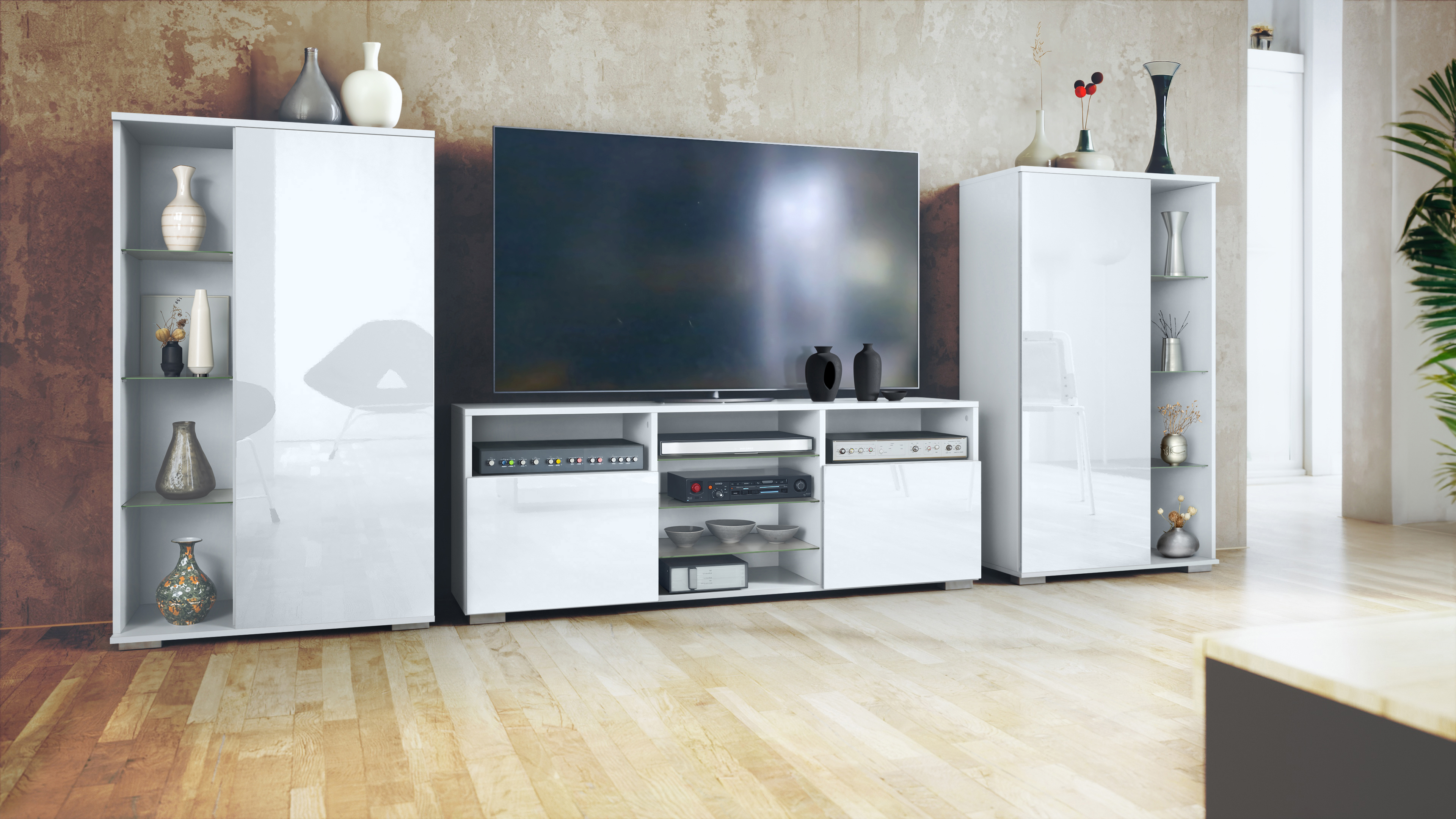 Wohnwand 3-tlg. Davos Weiß bestehend aus 2 Vitrinen und 1 TV-Board Weiß matt/Weiß Hochglanz (329 x 134 x 35 cm)