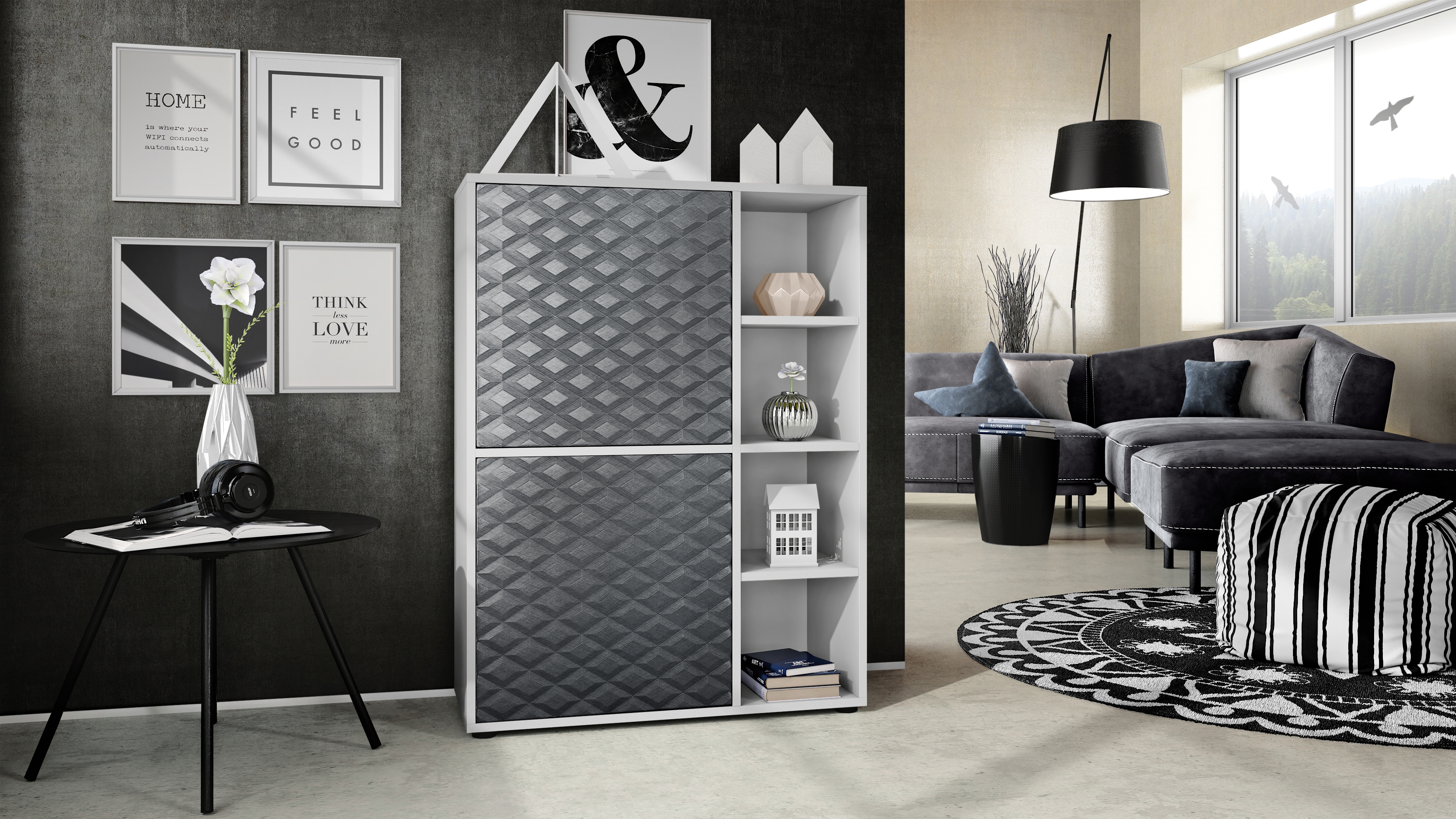 Highboard Cuba mit 2 Türen und 4 offene Fächer Weiß matt/Stahlgrau 3D Struktur (79 x 105,5 x 35,5 cm)