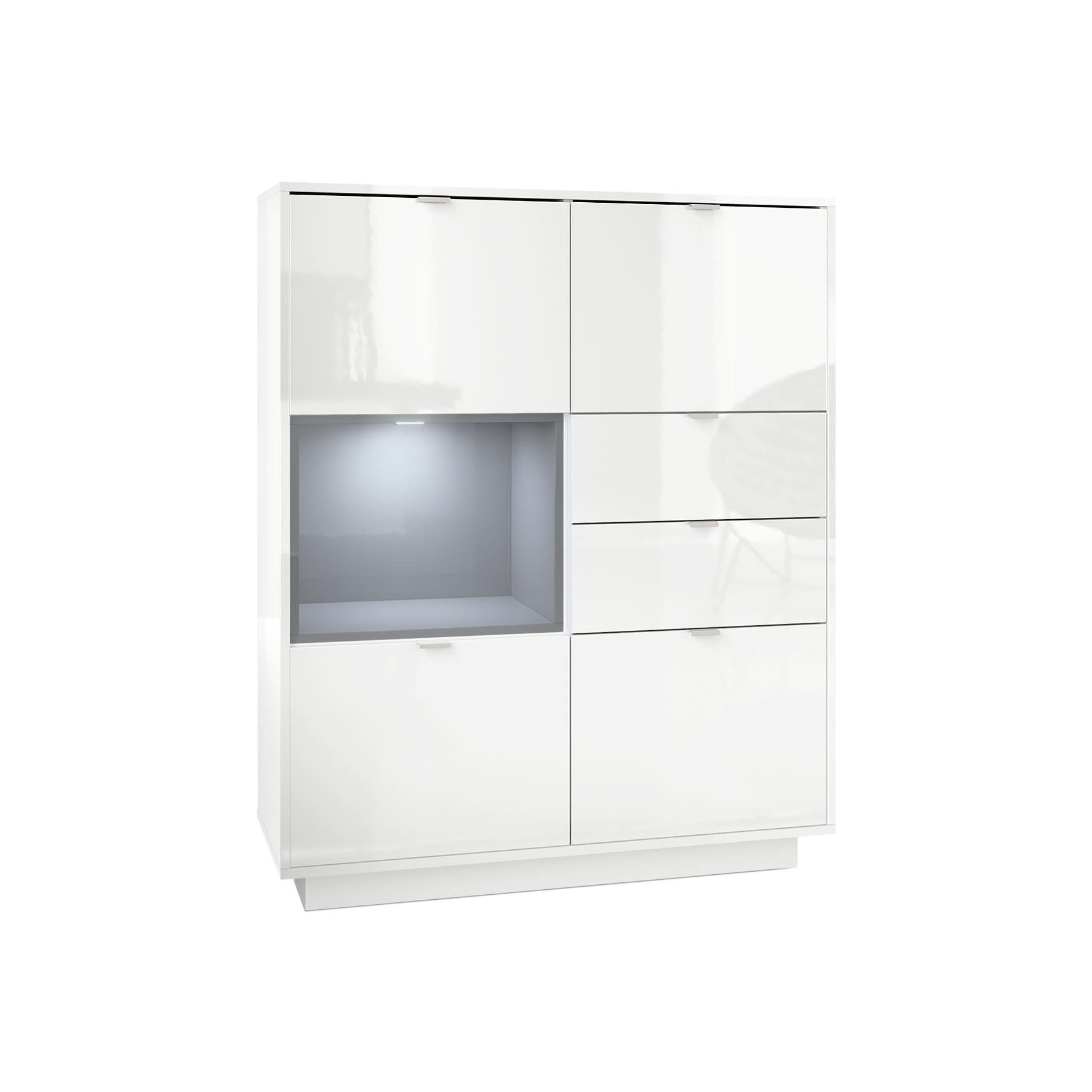 Highboard Metro  mit 4 Türen, 2 Schubladen und 1 offenem Fach Weiß Hochglanz/Grau Hochglanz inkl. LED Beleuchtung (103x123x38 cm)